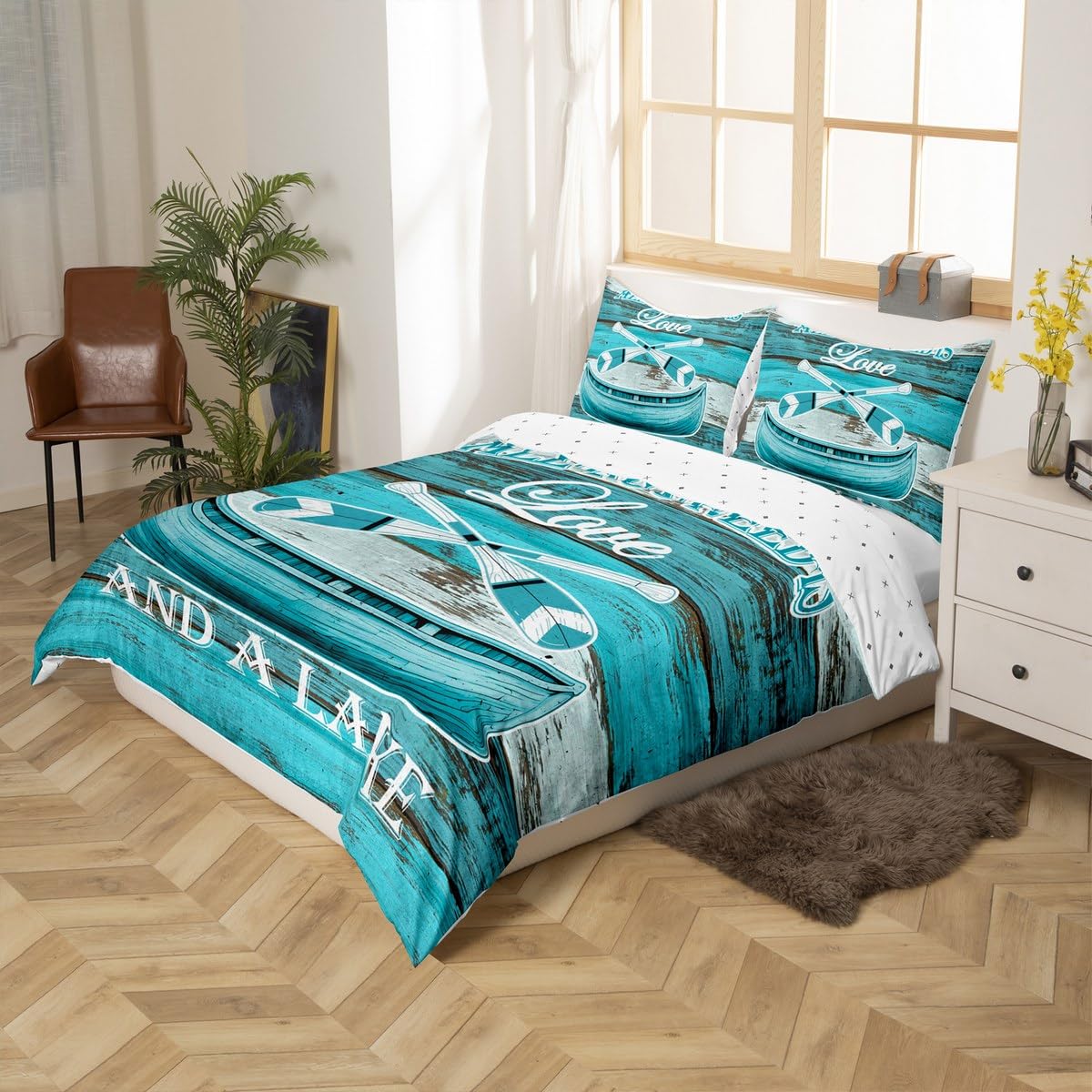 jejeloiu Lake House Duvet Cover Toddler Size Rustic Wooden Bedding Set for Kids Farmhouse Decor Paddle Teal Blue Comforter Cover Teens Ultra Soft Decor Zipper Closure All Season Breathable Lightweight