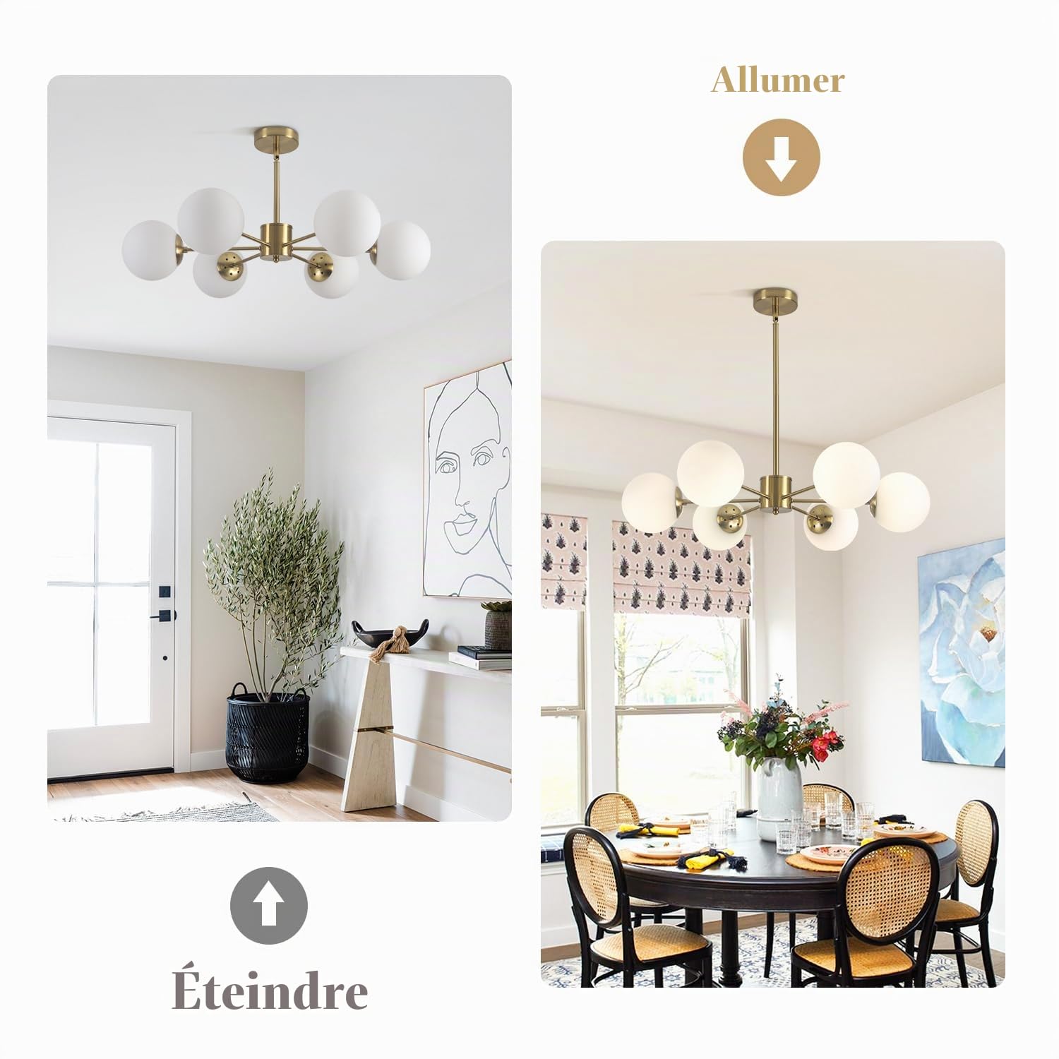 KCO Sputnik Lustre en forme de globe avec abat-jour en verre dépoli moderne en laiton pour cuisine, chambre à coucher (6 lumières)