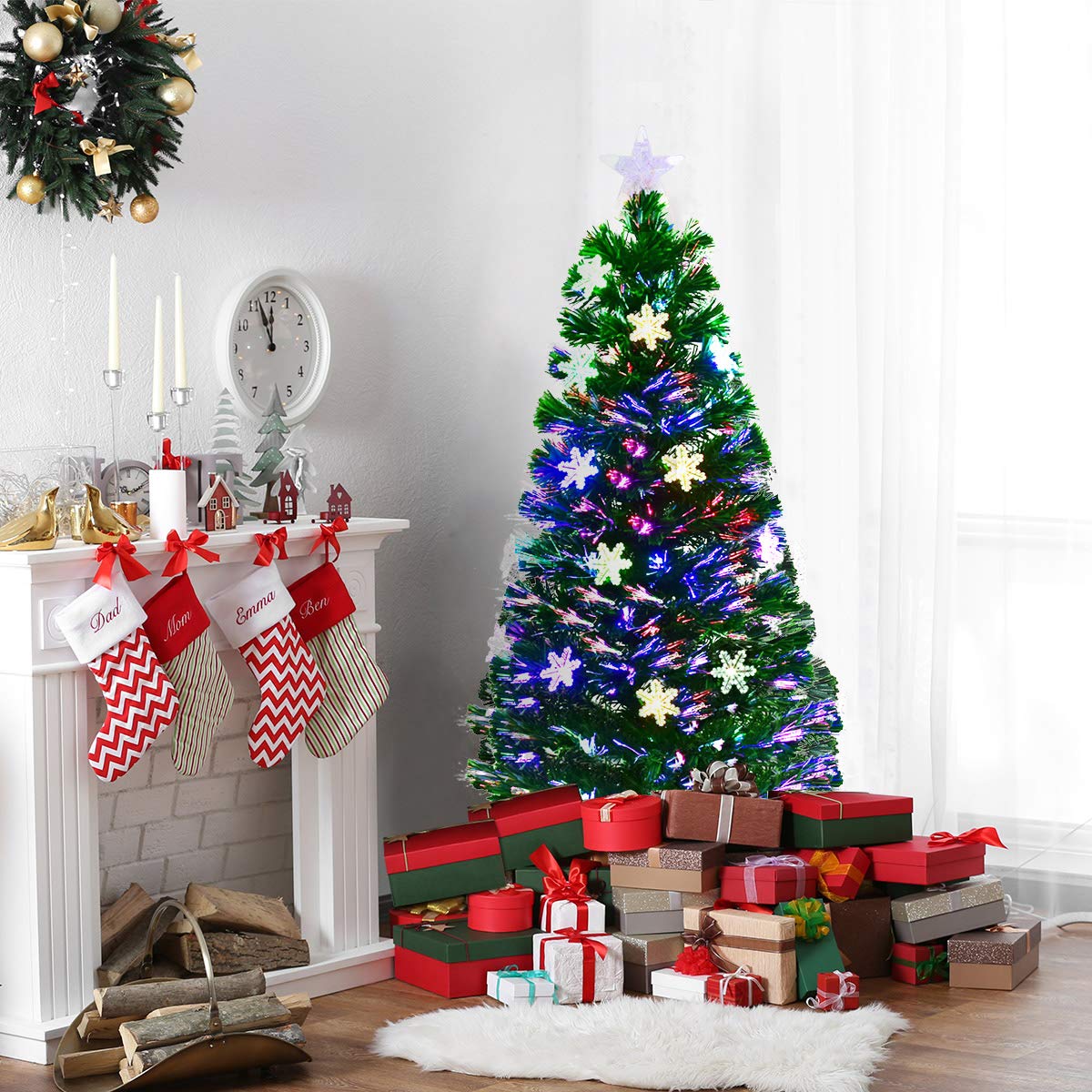 DREAMADE Sapin de Noël Artificiel 90CM/120CM/150CM/180CM avec 12/18/24/28 Lampes à LED, Arbre de Noël en PVC avec Flocon de Neige, Etoile au Sommet d’Arbre et Pieds en Fer, Vert (120cm)