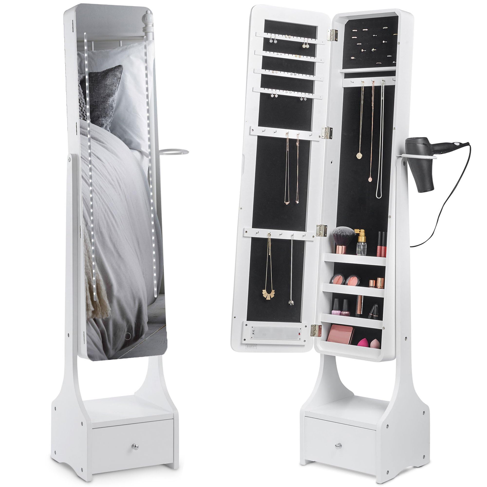 BTFY Mirror Jewellery Cabinet - Free Standing Mirror with Storage Drawer