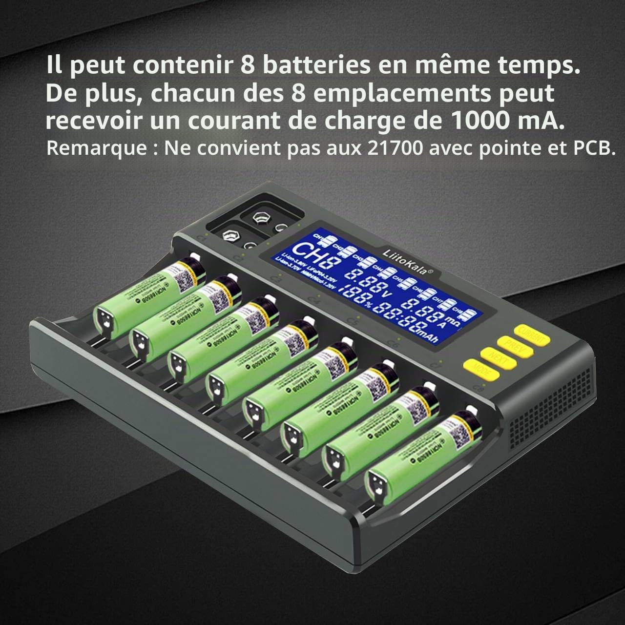 Chargeur de Batterie 18650, LiitoKala LII-S8 Chargeur de Batterie 9V avec écran LCD, Chargeur Batterie pour Li-ION LiFePO4 Ni-MH Ni-CD AA AAA C 21700 26650 13650 16340 18700 RCR123, 8 Baies