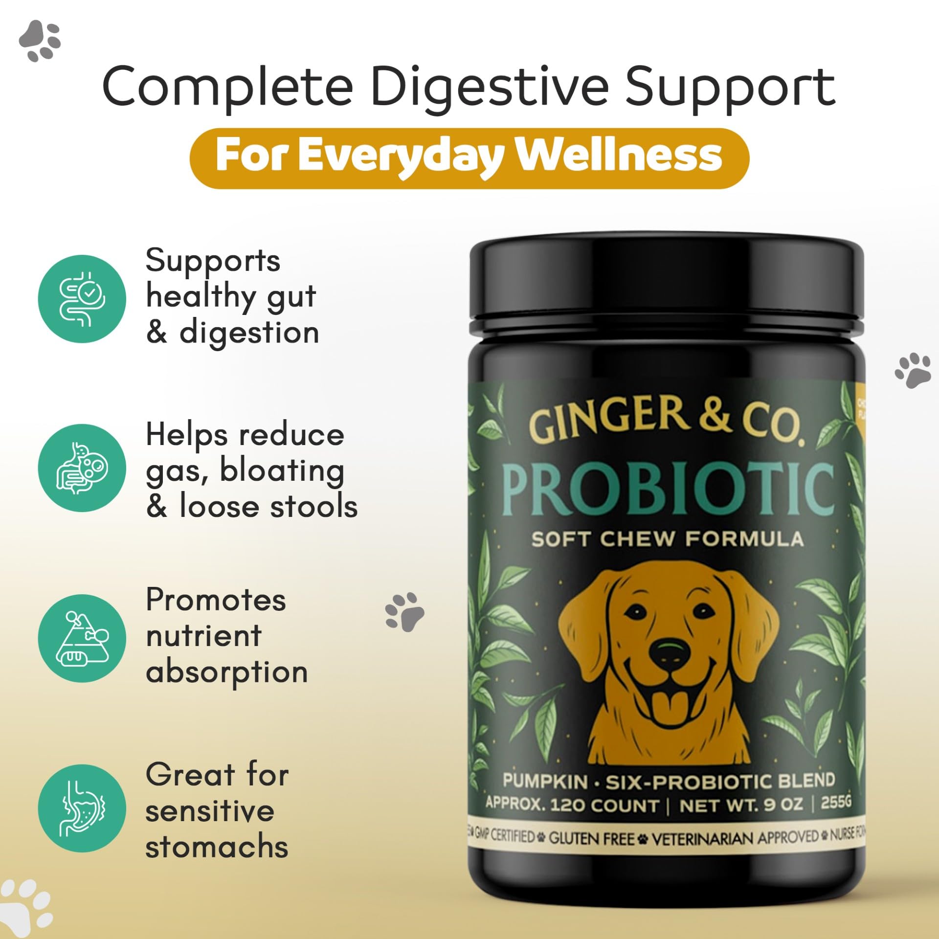 Ginger & Co Dog Probiotic Chews – Digestive Support for Loose Stool, Gas & Sensitive Stomach – Pumpkin, Enzymes & 1 Billion CFU Probiotics – Cold Pressed, No Fillers – Made in USA ~ 120 Chews - image 4
