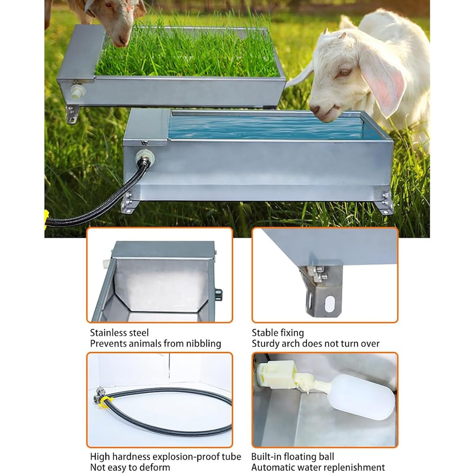 Wassertrog aus Edelstahl, 7,5 l Fassungsvermögen, automatische Wassersteuerung mit Schwimmerventil, glatte Oberfläche für einfache Reinigung, ideal für Pferde, Ziegen, Schweine, Kühe und Hirsche