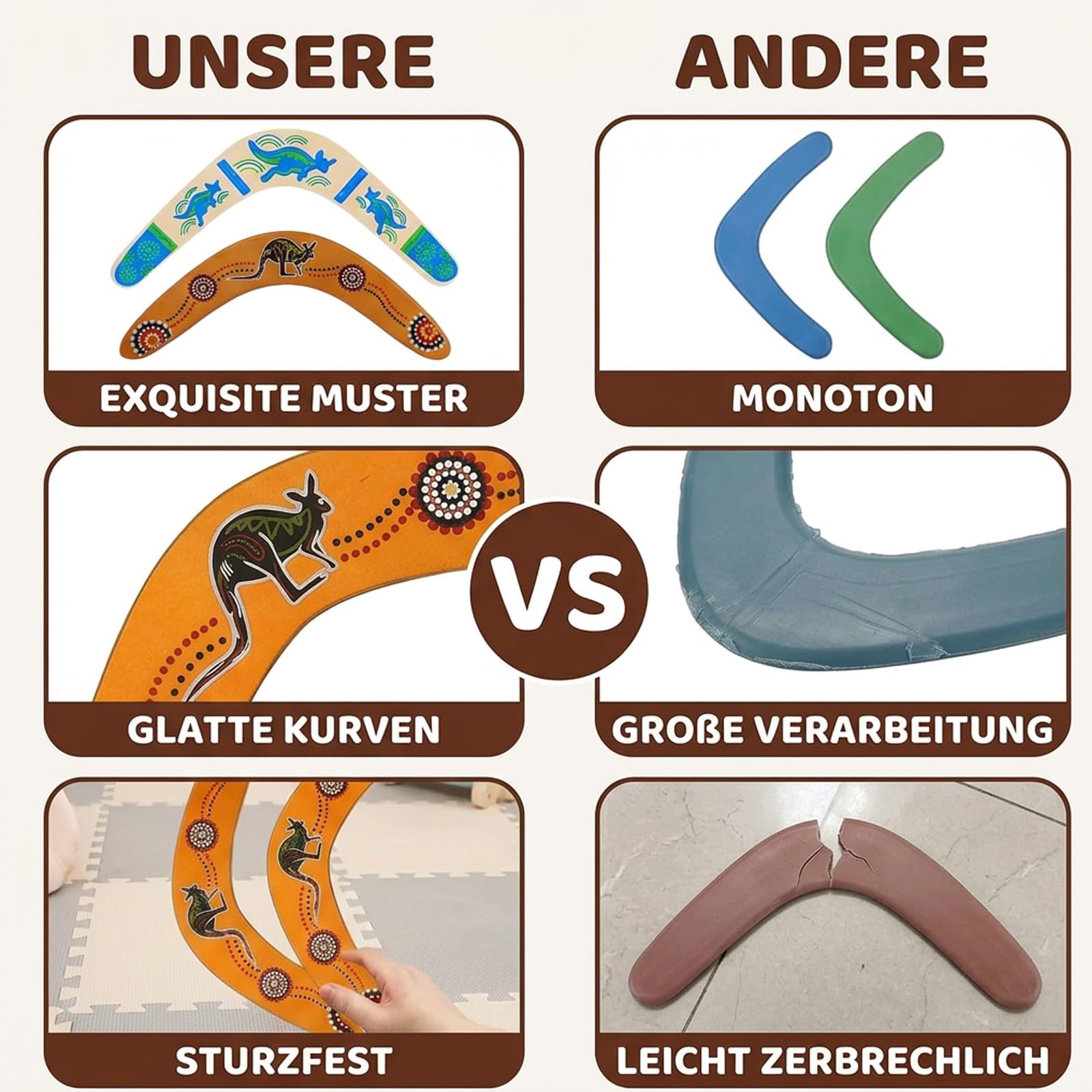 2er Set Holz-Bumerang, V-Form Massivholz Boomerang mit Känguru-Motiv, Wasserfestes Sportspielzeug für Outdoor Spiele und Familienaktivitäten
