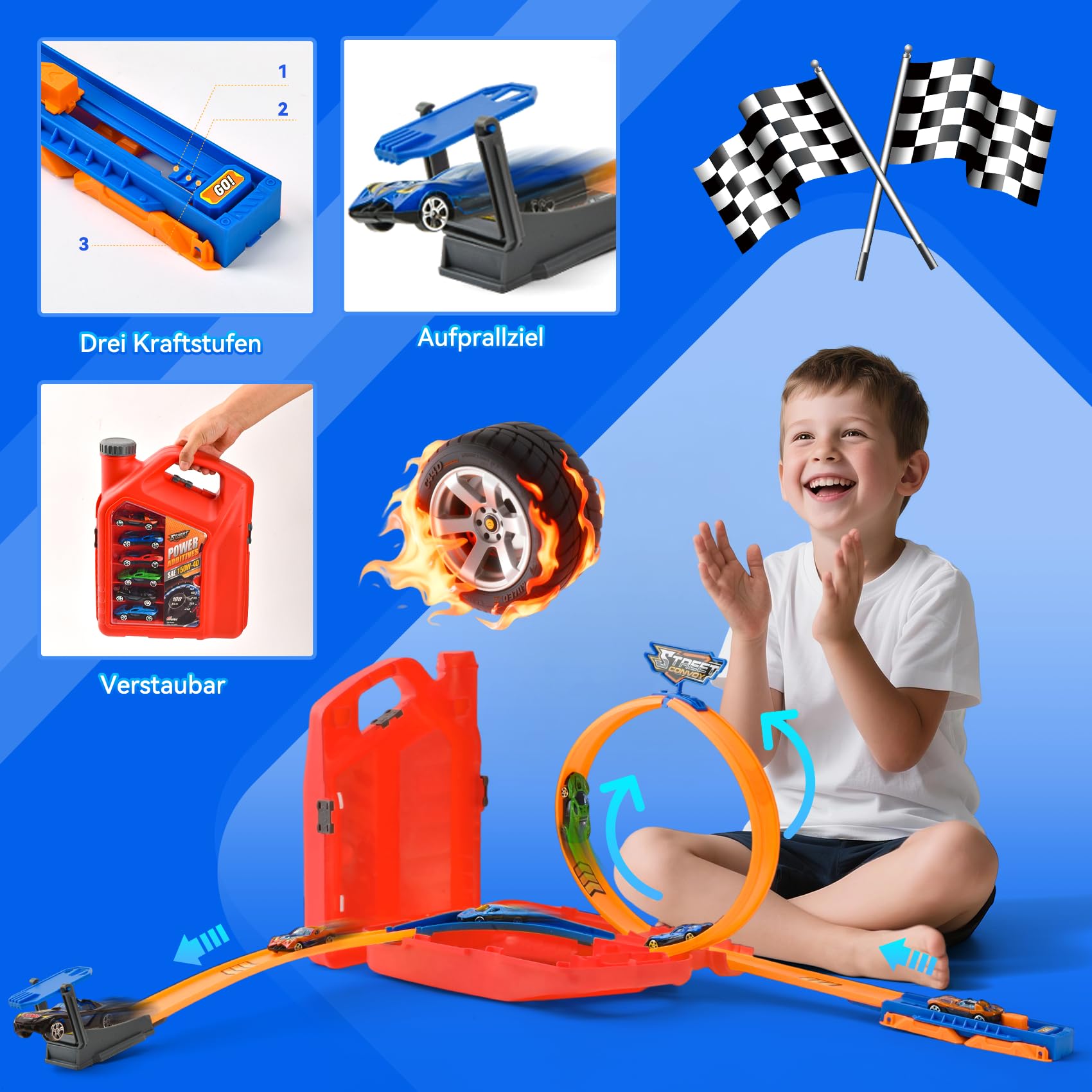 Pista de Coches para Niños,Juguete Pistas Portátil con 6 Vehículos+Circuito con Giro Vertical y U-Track,2 en 1 Portátil,Track Builder Caja Lata de Gasolina,Juguete Niños 3-8 Años (Rojo)