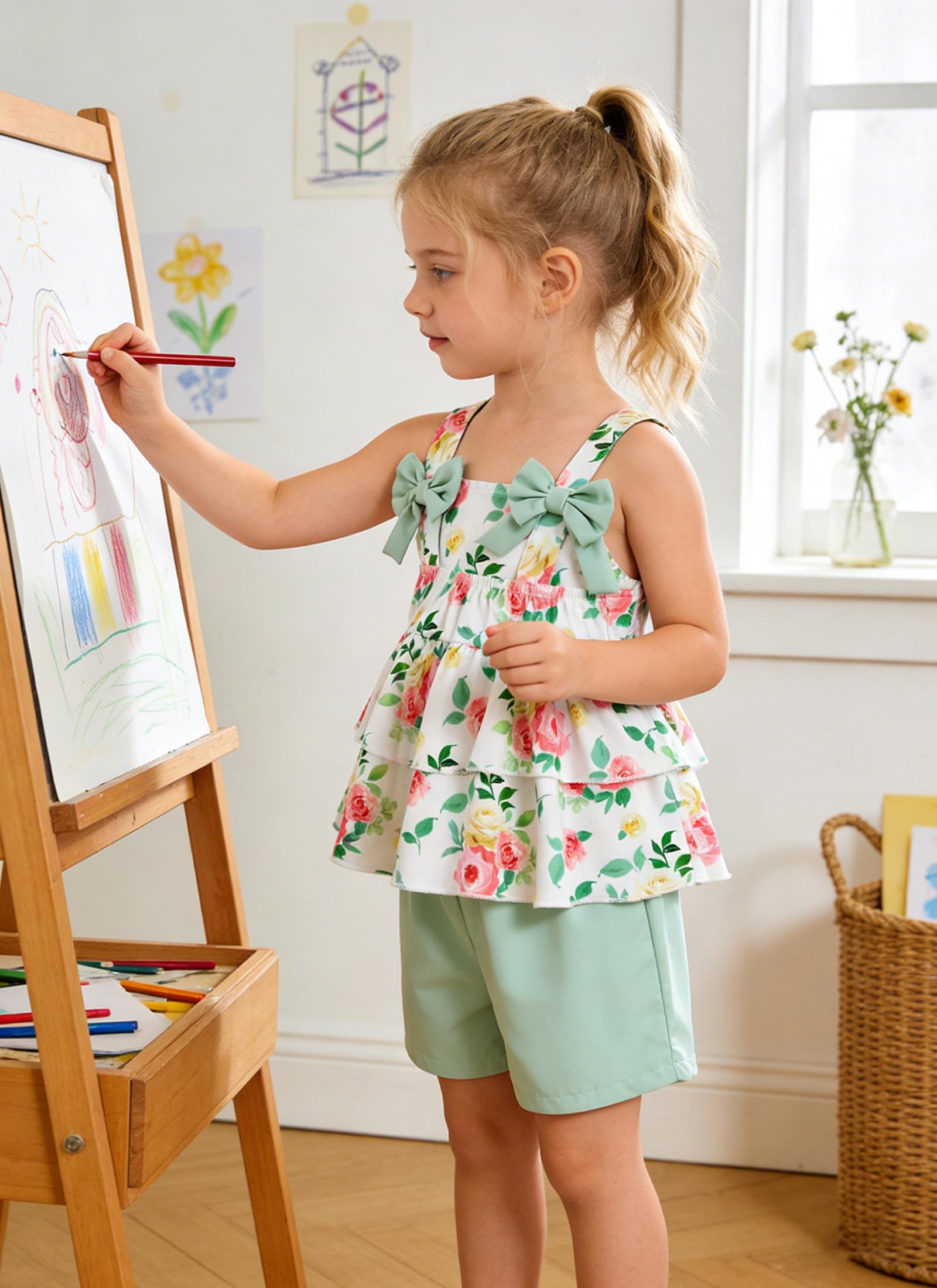 Fanient Completi per Bambine,Set di Abbigliamento Estivo,Top Senza Maniche con Volant,Pantaloncini con Tasche,Grazioso Completo Casual 2-6 Anni