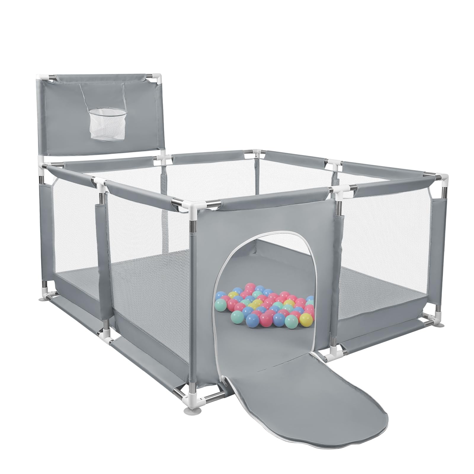 Box per Bambini, Recinto per Bambini Pieghevole in Tessuto Oxford con Rete Traspirante, Box per Neonati con Giochi che Include 50 Palline (126 x 126 x 66 cm, grigio scuro)