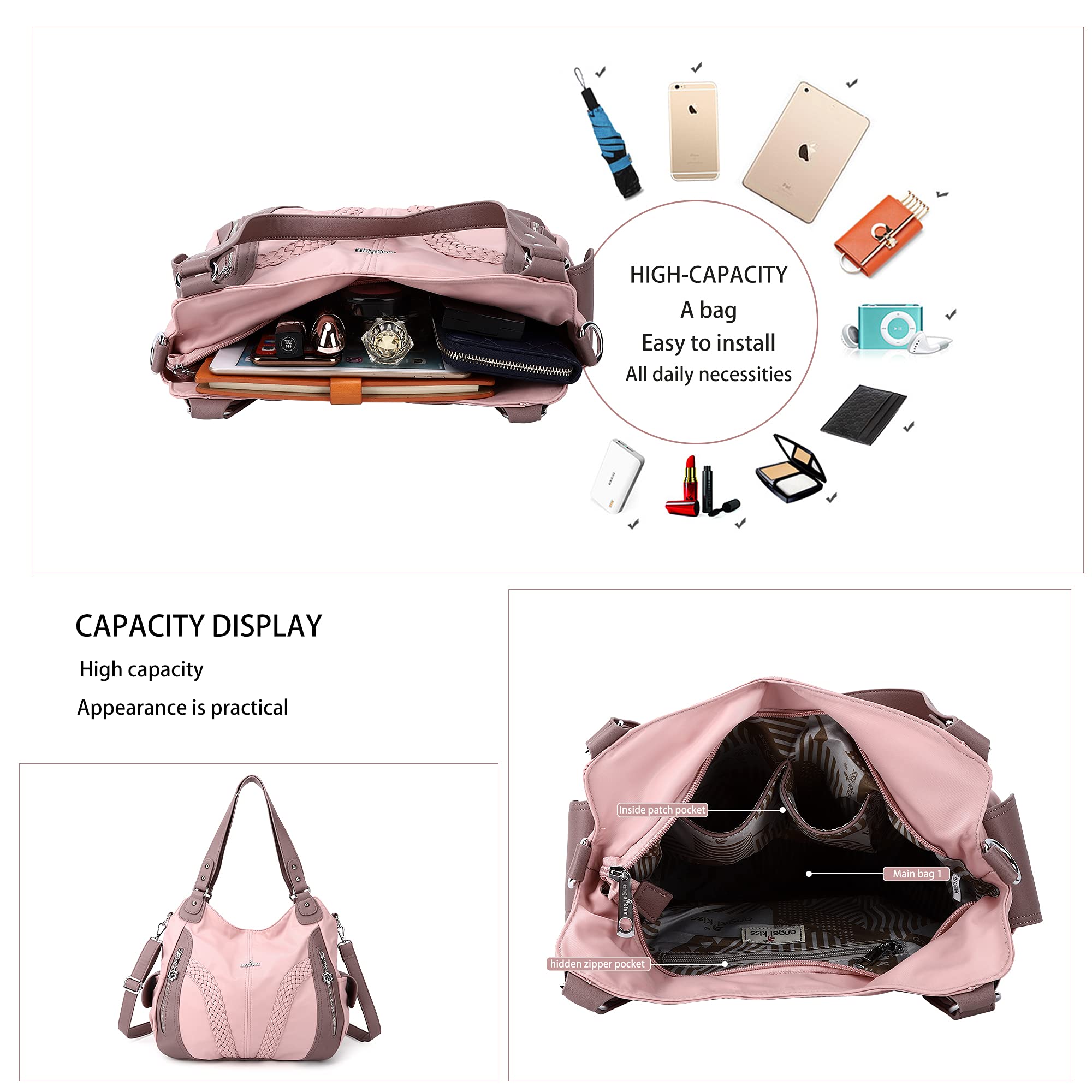 Purses and Handbags Women Fashion Tote Bag Shoulder Bags Top Handle Satchel Purses Washed Synthetic Leather Handbag: 13.8*4.7*11.8 inches Nylon-pink