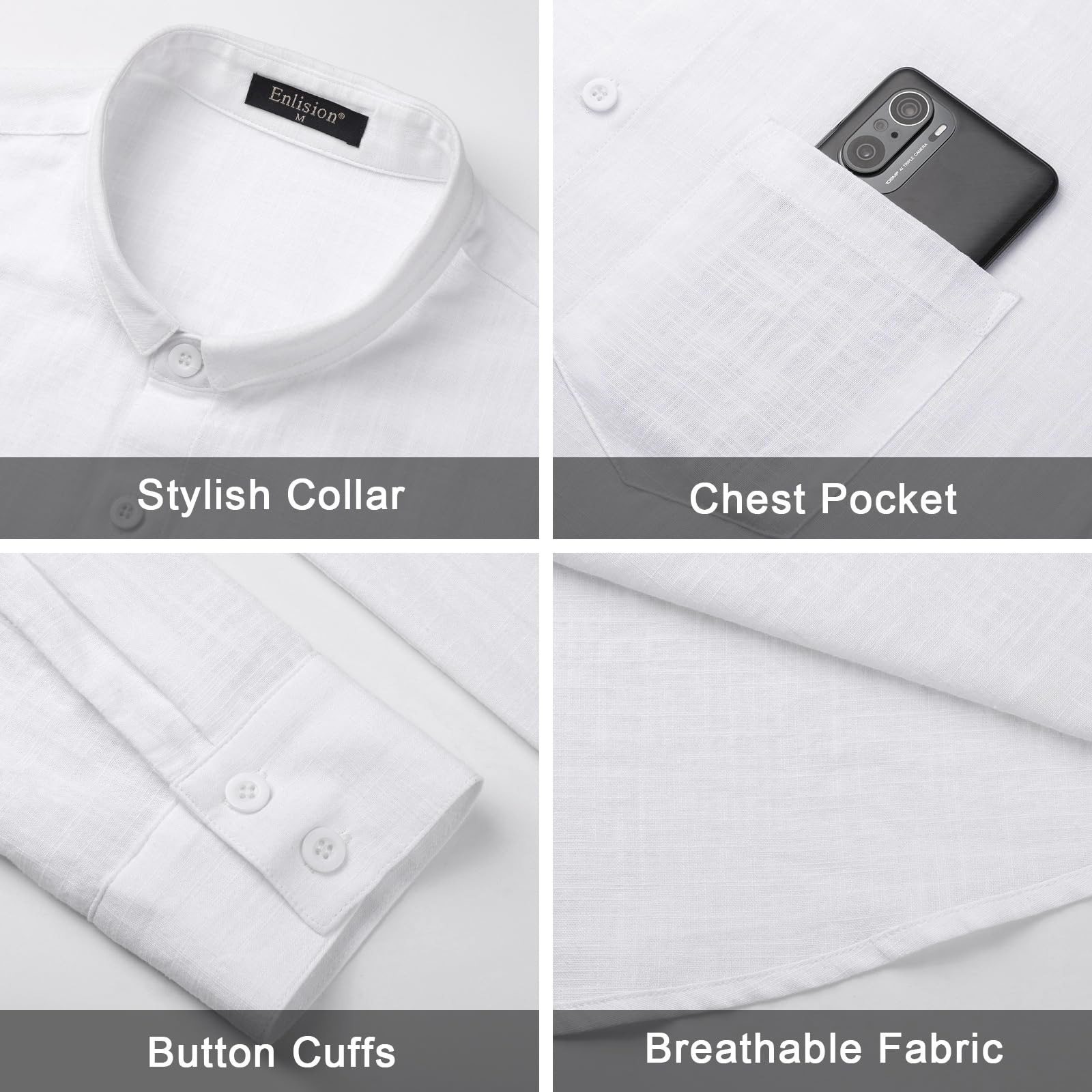 Enlision Camisas Lino Hombre Manga Larga Verano de Algodon Casual Camisa Henley Shirts Cuello Mao Color Sólido Elegantes Playa Boda Vacaciones S-4XL