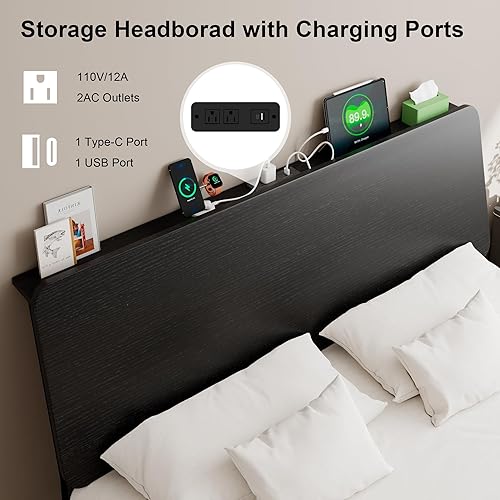 Miniatura 5 de Feonase Base de cama de tamaño matrimonial con cabecera de almacenamiento ergonómica y estación de carga, marco de cama con plataforma LED, listones