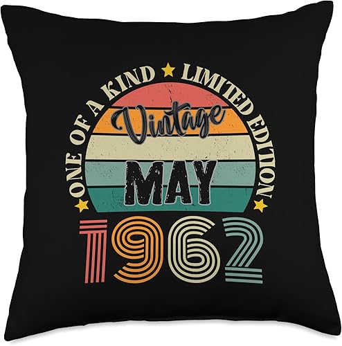 Vintage Birthday Retro Limited Edition Retro Gifts 62 Year Old Vintage May 1962 62nd Birthday Retro Throw Pillow, 18x18, Multicolor