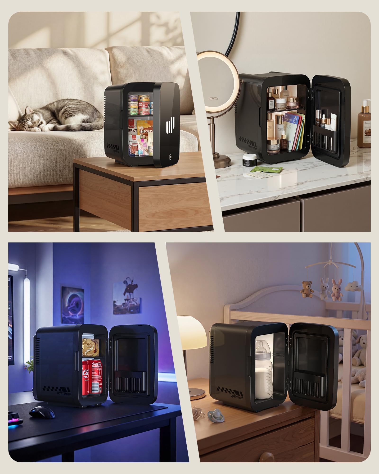 Upstreman Mini Frigo da Camera, 4 Litri/6 Lattine, 7 Colori Luminosi LED, Mini Frigo Termoelettrico, 12V/220V, Mini Frigoriferi per Dormitorio, Ufficio, Sala Giochi, Auto, TR4-Up