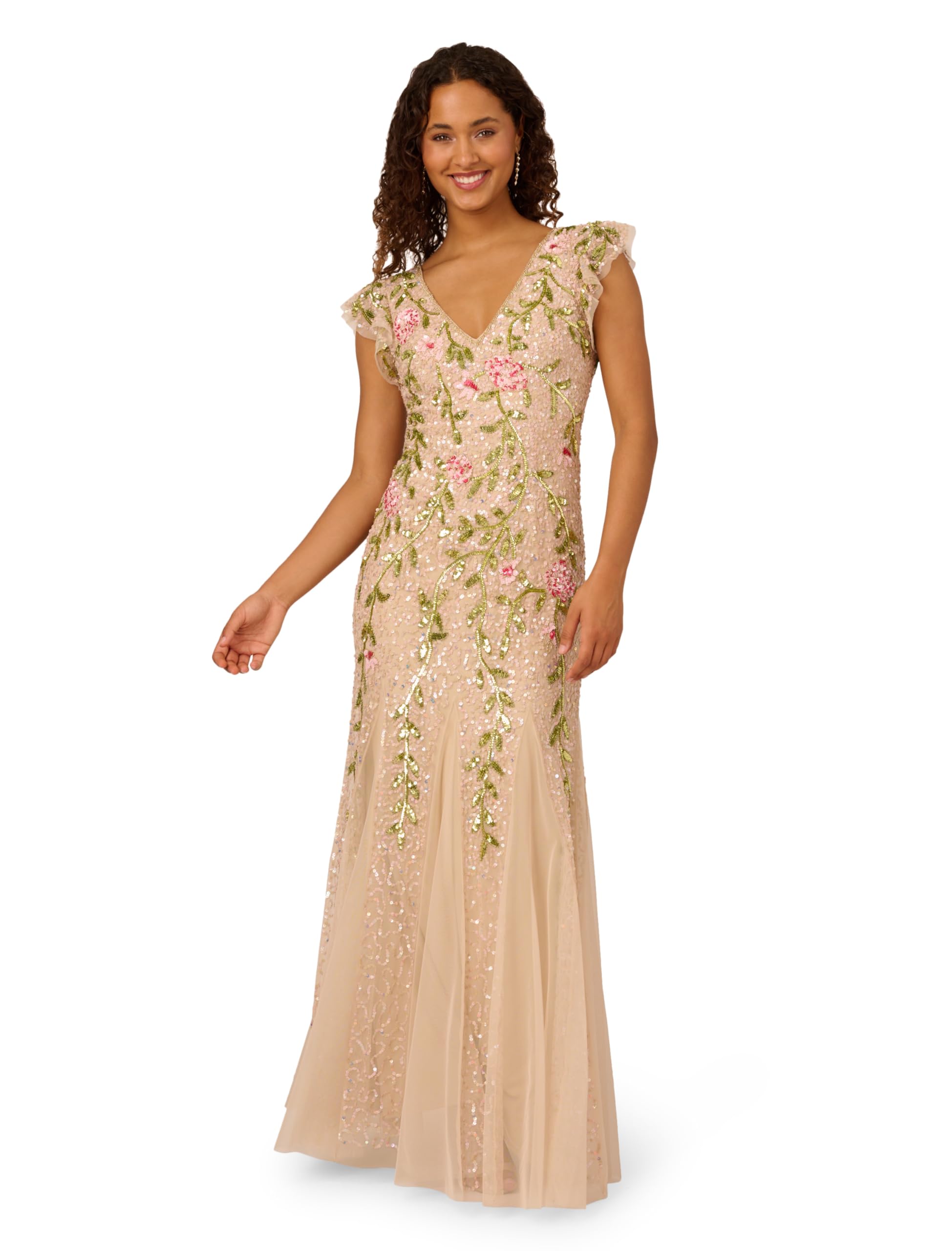 Adrianna Papell Women's Beaded Mesh Flutter Dress, Light Champagne, 18