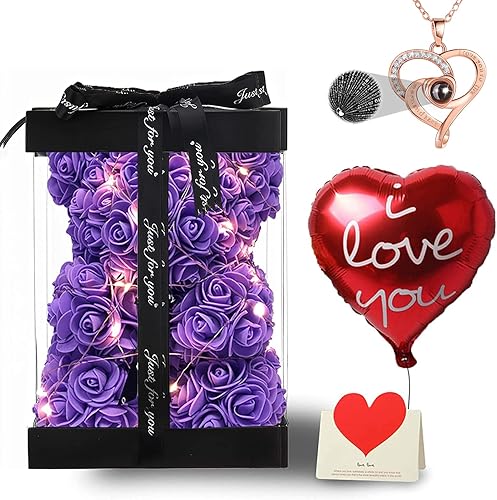 Miniatura 1 de U UQUI Regalos de oso de rosas para ella, oso de peluche de rosas con caja de luces, collar, tarjeta de globo, lindo romántico "I Love You", regalos