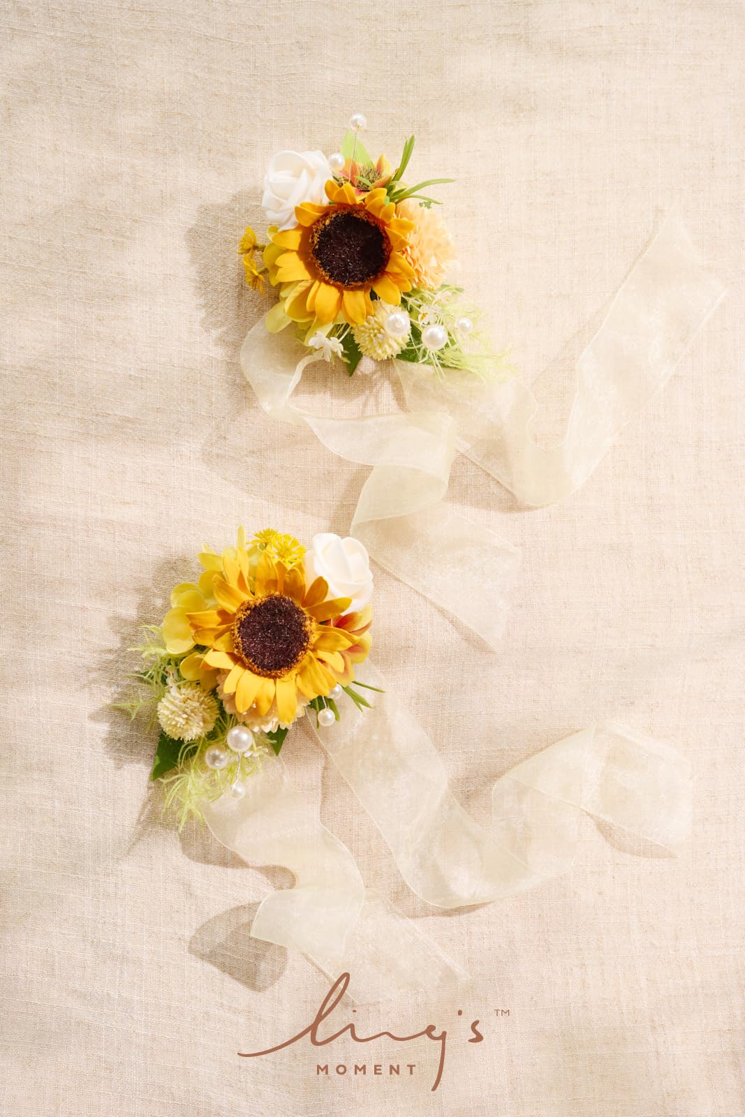 Ling's Moment 2pcs Wrist Shoulder Corsage for Wedding, Prom Corsage Wristlet, Artificial Flowers for Homecoming/Anniversary,etc. Sunflower Yellow
