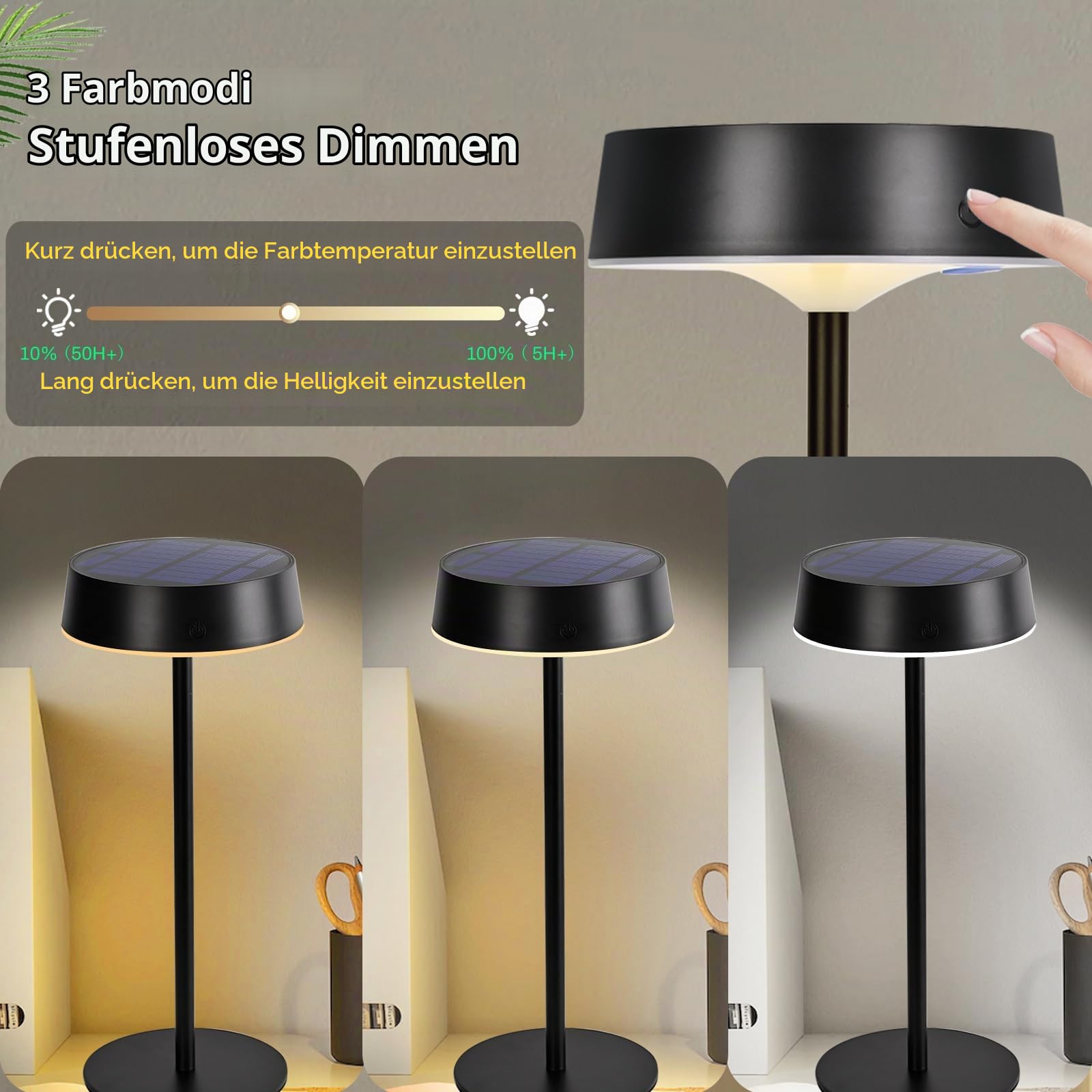 2er-Pack Solar Tischlampe Kabellos, 3CCT Dimmbar Akku Tischleuchte | Alinana IP67 LED Touch Lampe mit Solar- und Type-C Aufladung für Schlafzimmer und Garten