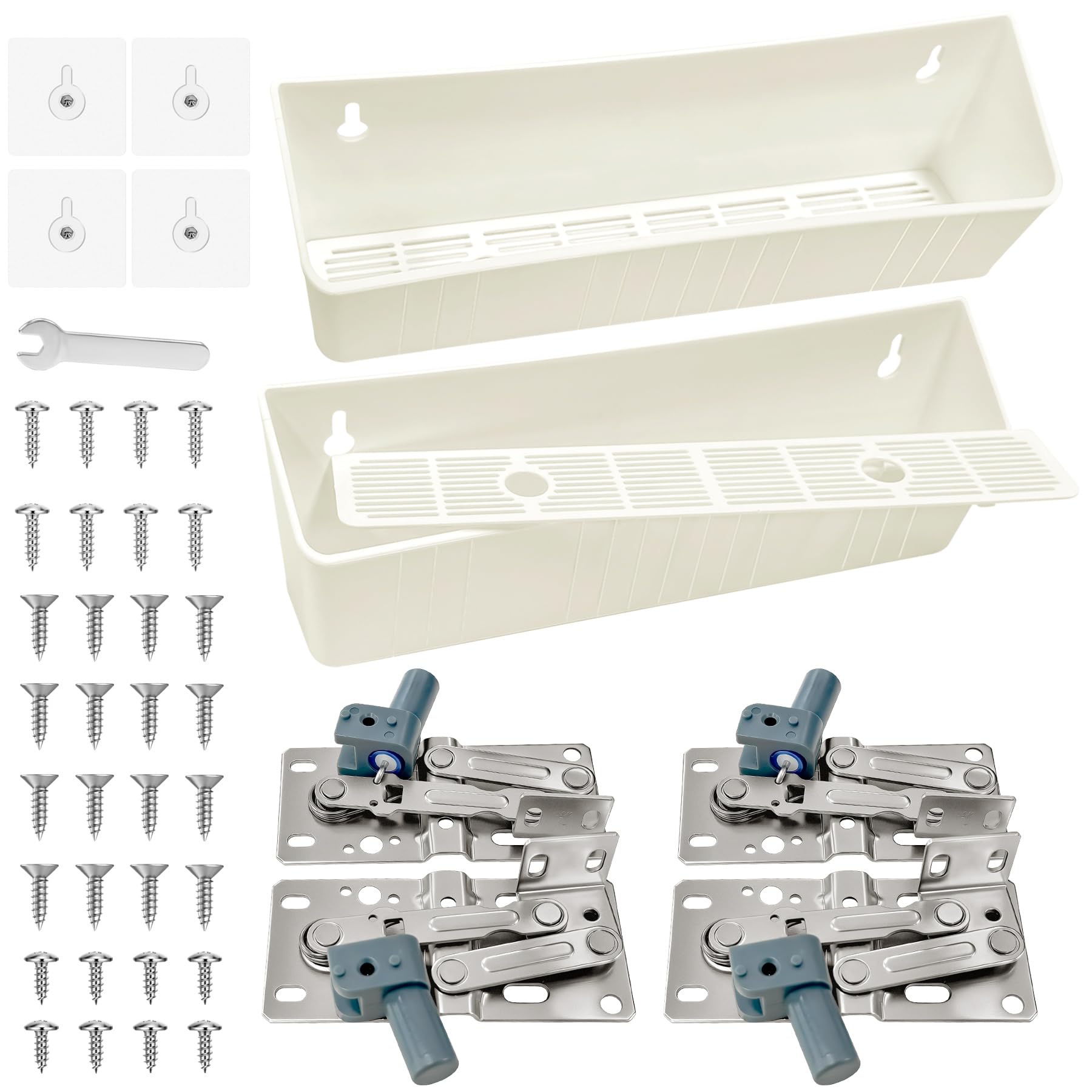 Upgraded 11" Tip-Out Plastic Sink Trays + Steel LD-0220-50SC Soft Close Pivot Hinges Kitchen Sink Tip Out Tray Hinges with 8 x Mounting Screws and 4 x Adhesive Screws for Kitchen and Bathroom -2 Sets