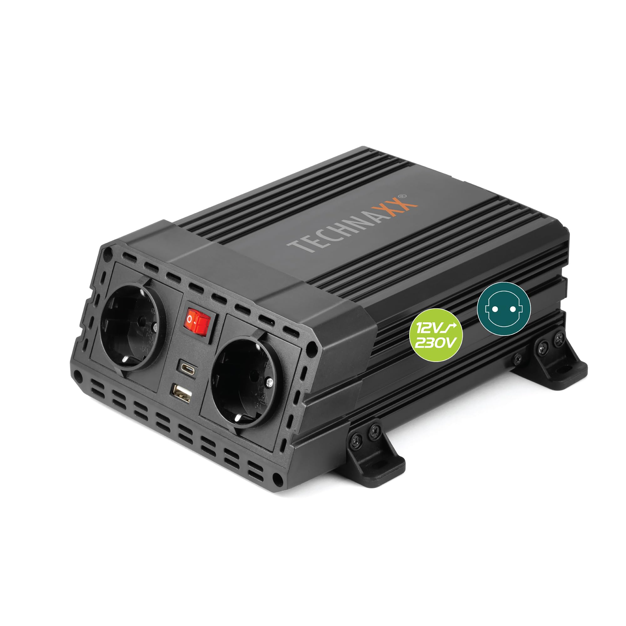Technaxx Inverter Auto 12V 230V 600W Potenza Continua 1200W Picco – Convertitore di Tensione Certificato TÜV Rheinland con 2xSchuko & 2xUSB 3,1A – Inverter Compatto per Auto, Camper, Campeggio – TE19