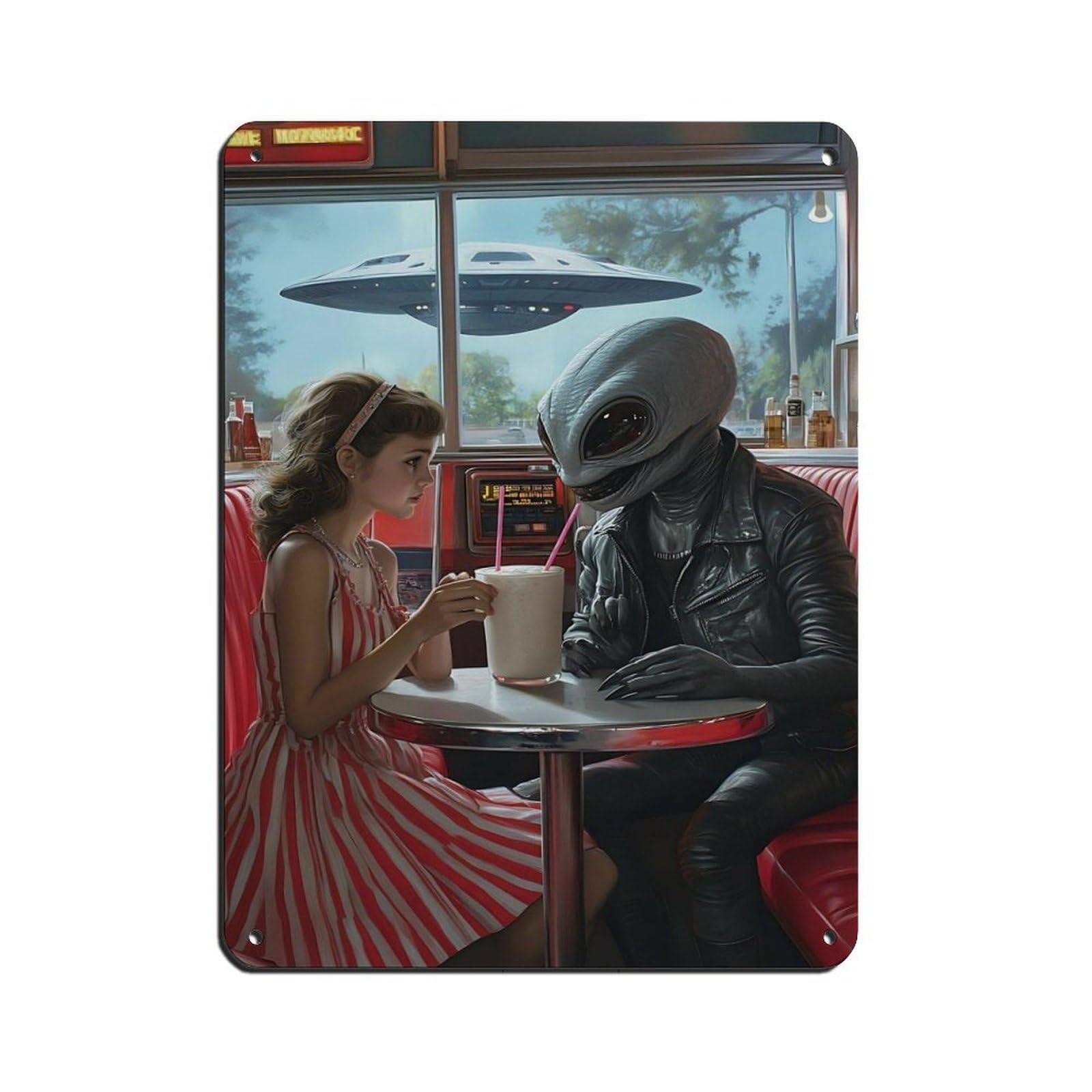Lxwnze 30L X 40W Cm Alien Diner Encounter, Retro Sci-Fi Art Tin Sign Vintage Metal Pub Club Cafe Bar Home Wall Art Decoration Poster Retro 12X16inch(30X40cm)