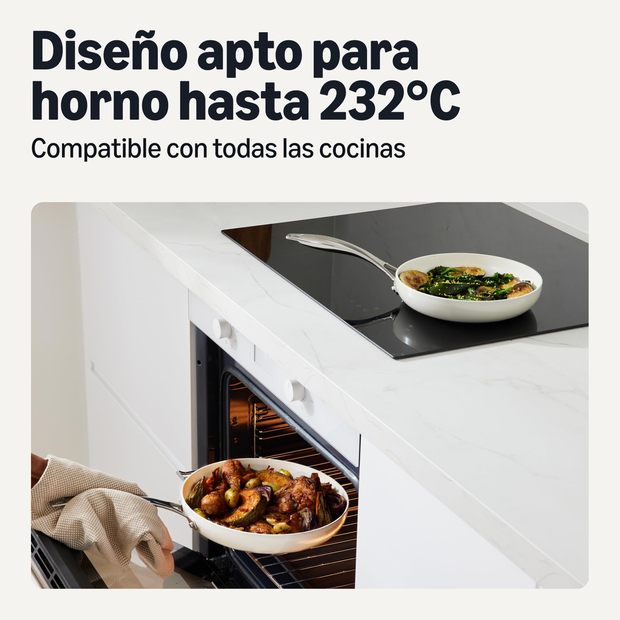 Amazon Basics Batería de Cocina Antiadherente de Cerámica, Juego de 3 Sartenes, Compatibles con Todo Tipo de Fuegos, Aptas para Lavavajillas, Marfil