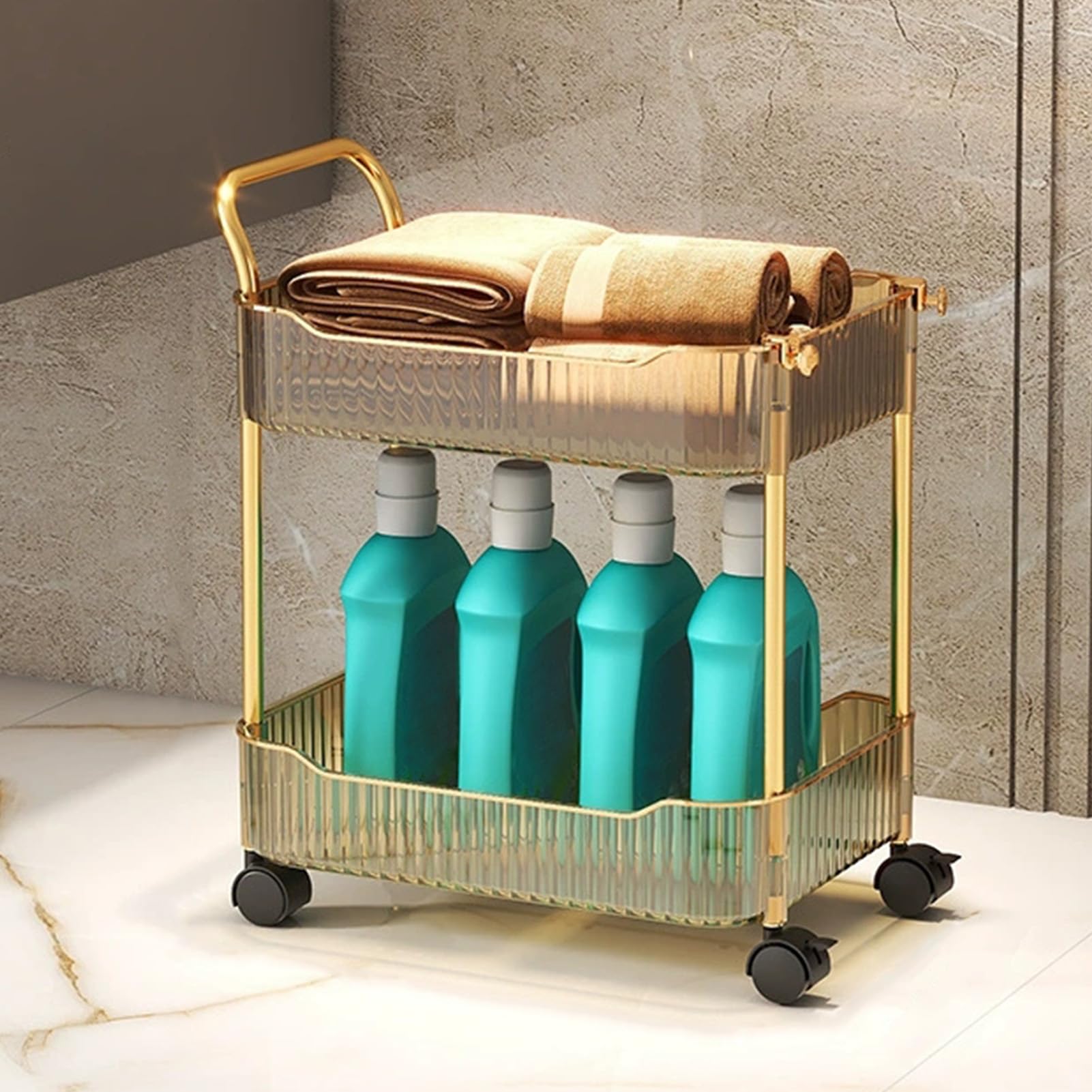 asdchZen Gold 2-Tier Utility Acrylic Storage Trolley With Lockable Wheels Kitchen Rolling Cart & Bathroom - Mobile Shelves For Easy Storage And Nization