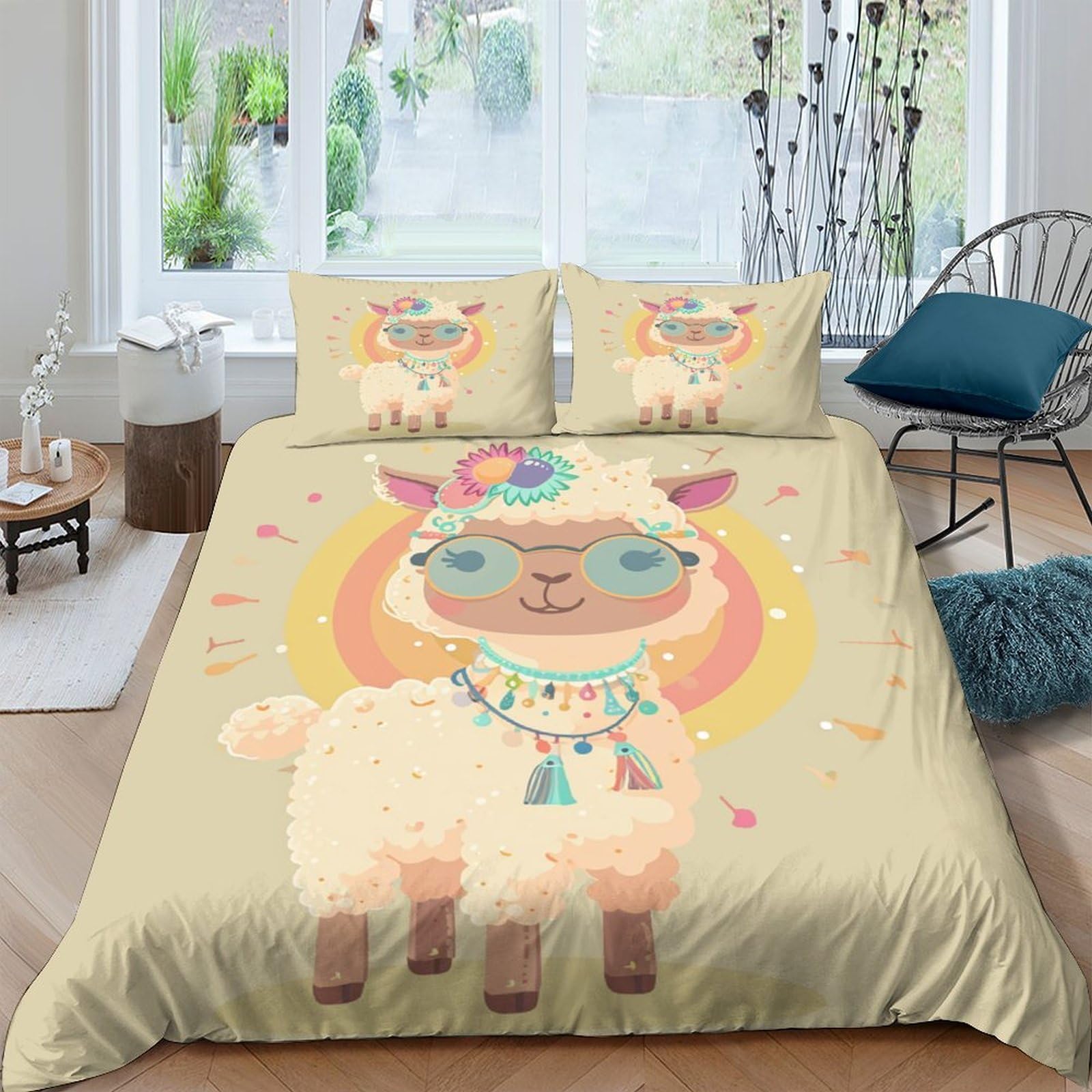 Parure de lit alpaga 3D double 200x200 en microfibre avec 2 taies d'oreiller