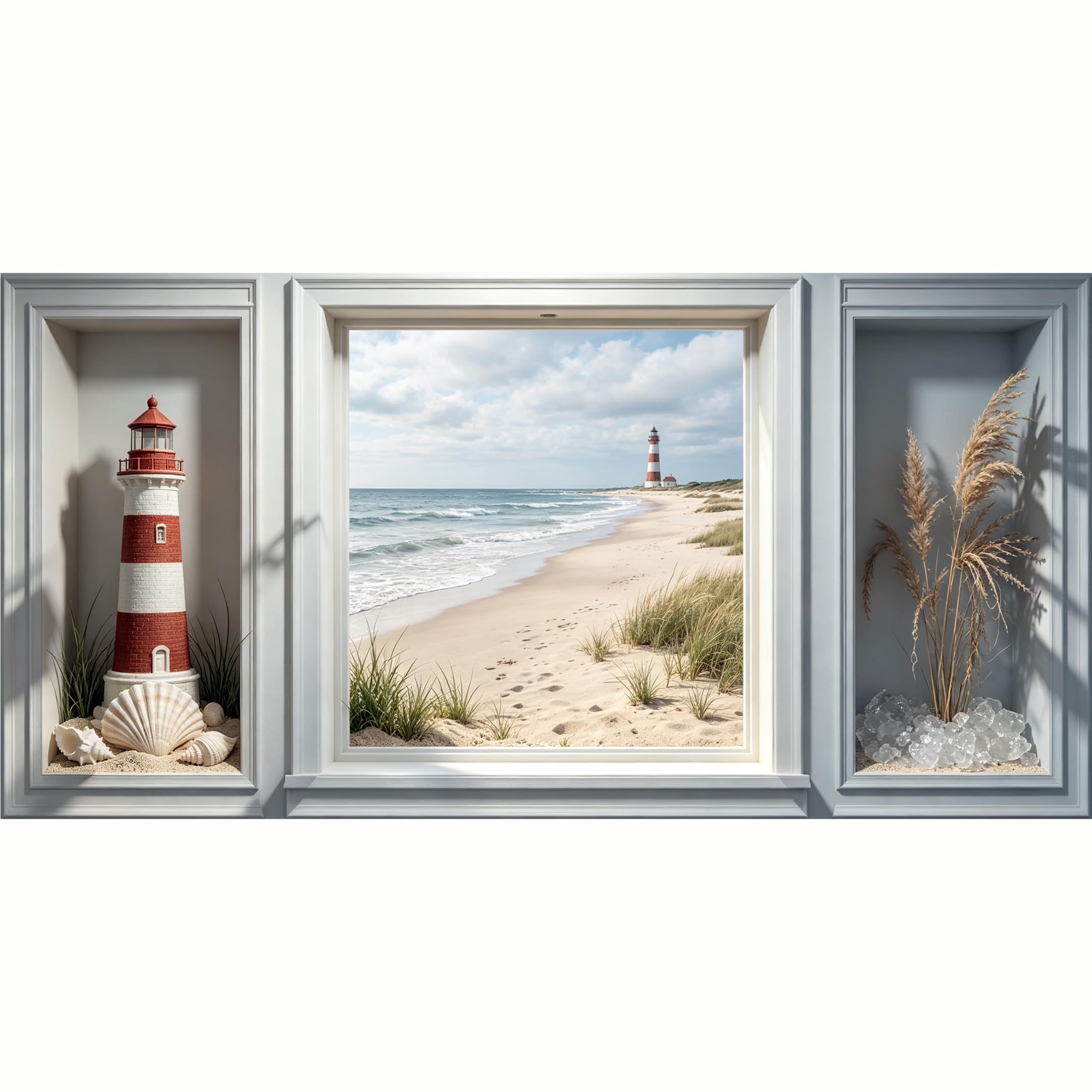 QZLITHOTIC 50x100cm 3D Framed Wall Art， Coastal Lighthouse Seascape Window View SelfAdhesive Mural， WaterActivated Peel & Stick Fabric Decor Wall Decal for Bedroom Living Room