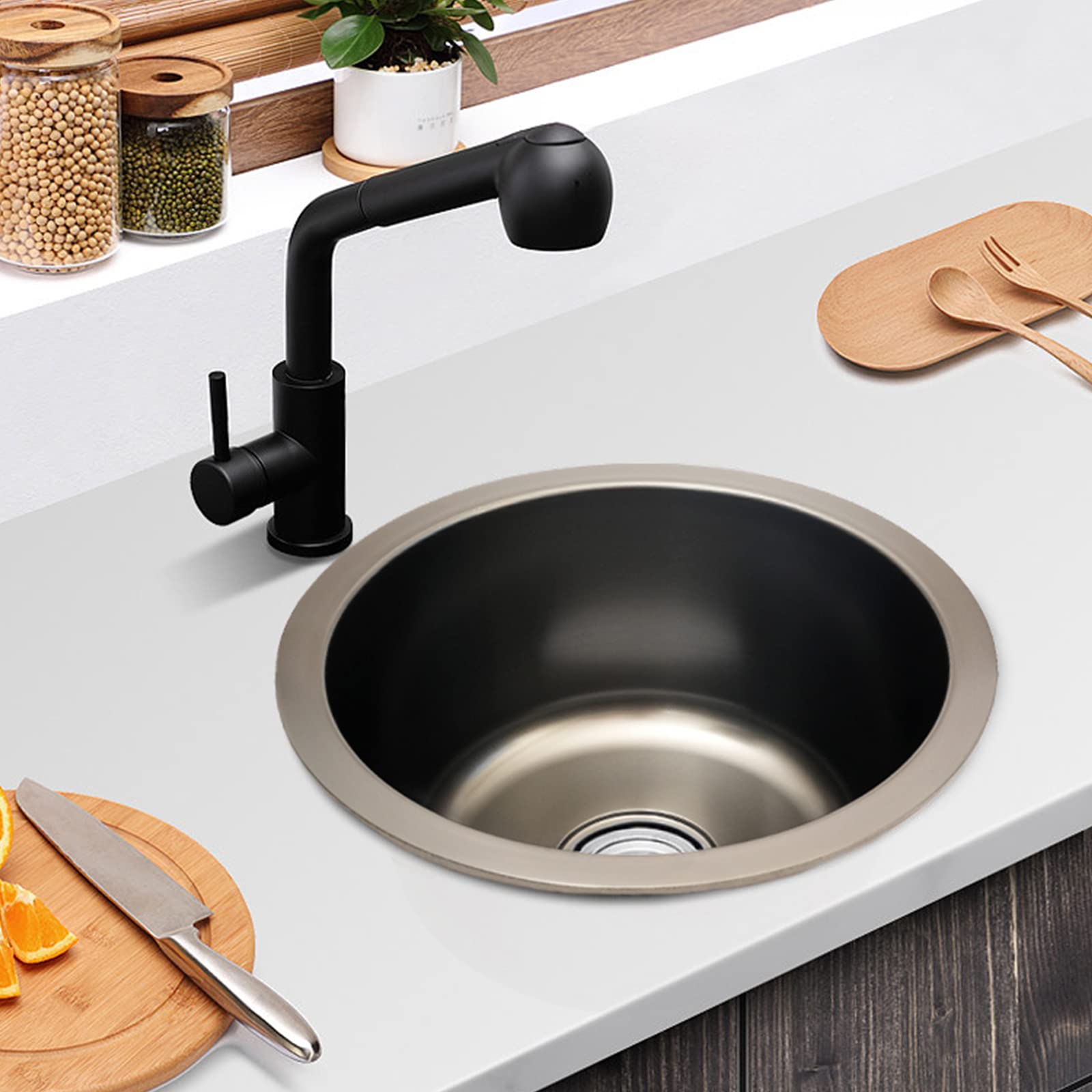 Edelstahlspüle 1 Becken 36cm Rundspüle Einbauspüle Aufbauspüle Spülbecken Klein Küchenspüle mit Ablauf-Set Einzelschlitz-Spüle für Küchen Bäder Studios
