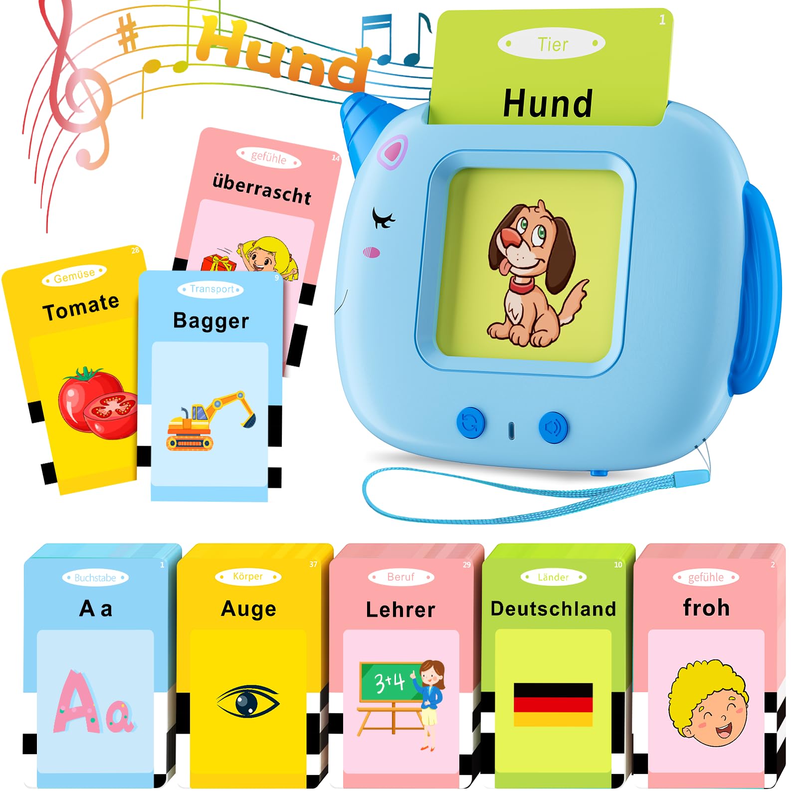 Talking Flash Cards, 420 Words Early Educational Toy, Preschool Learning Machine with British English for 2 3 4 5 6 Year Old kids, Montessori Toys for Toddlers, Gift for Boys Girls (German-Blue)