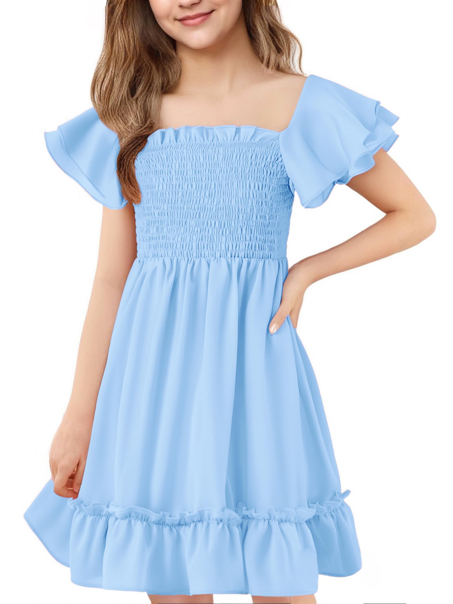 Girls Summer Dress Cute Double Layer Ruffle Sleeve Smocked Off Shoulder Dresses 5-14 Years