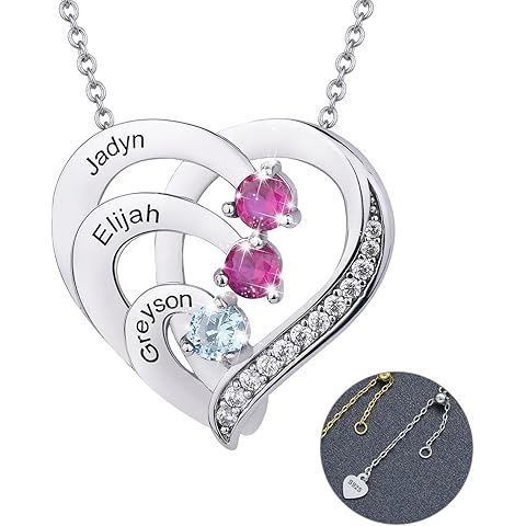 Sterling Silver Personalized Birthstone Necklace for Women,Custom Name Heart Neckla...