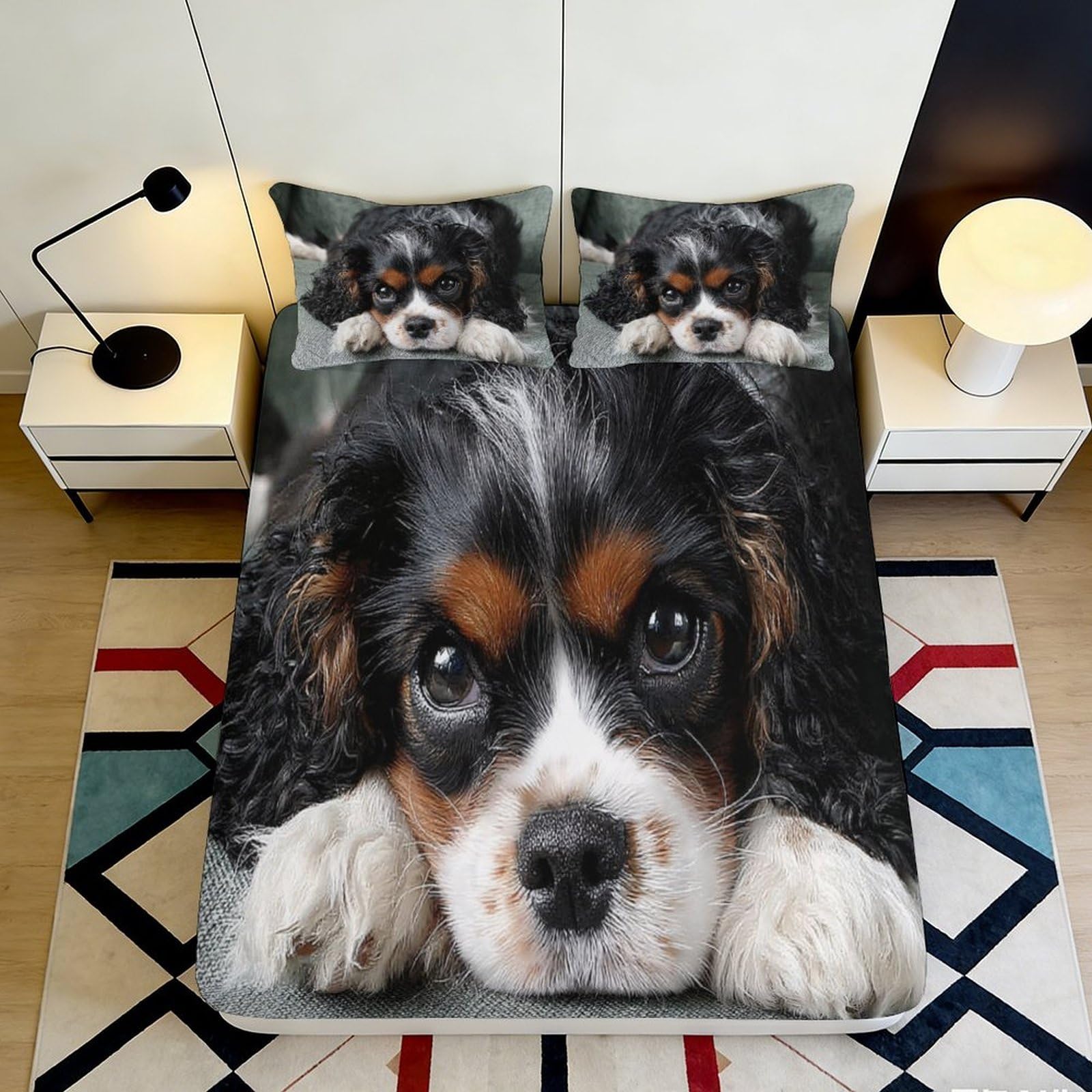 3D Printed Dog Face Fitted Sheet Microfiber Soft Black White Puppy Bed Sheet for Bedroom Guest Room Decor 90x200x25cm