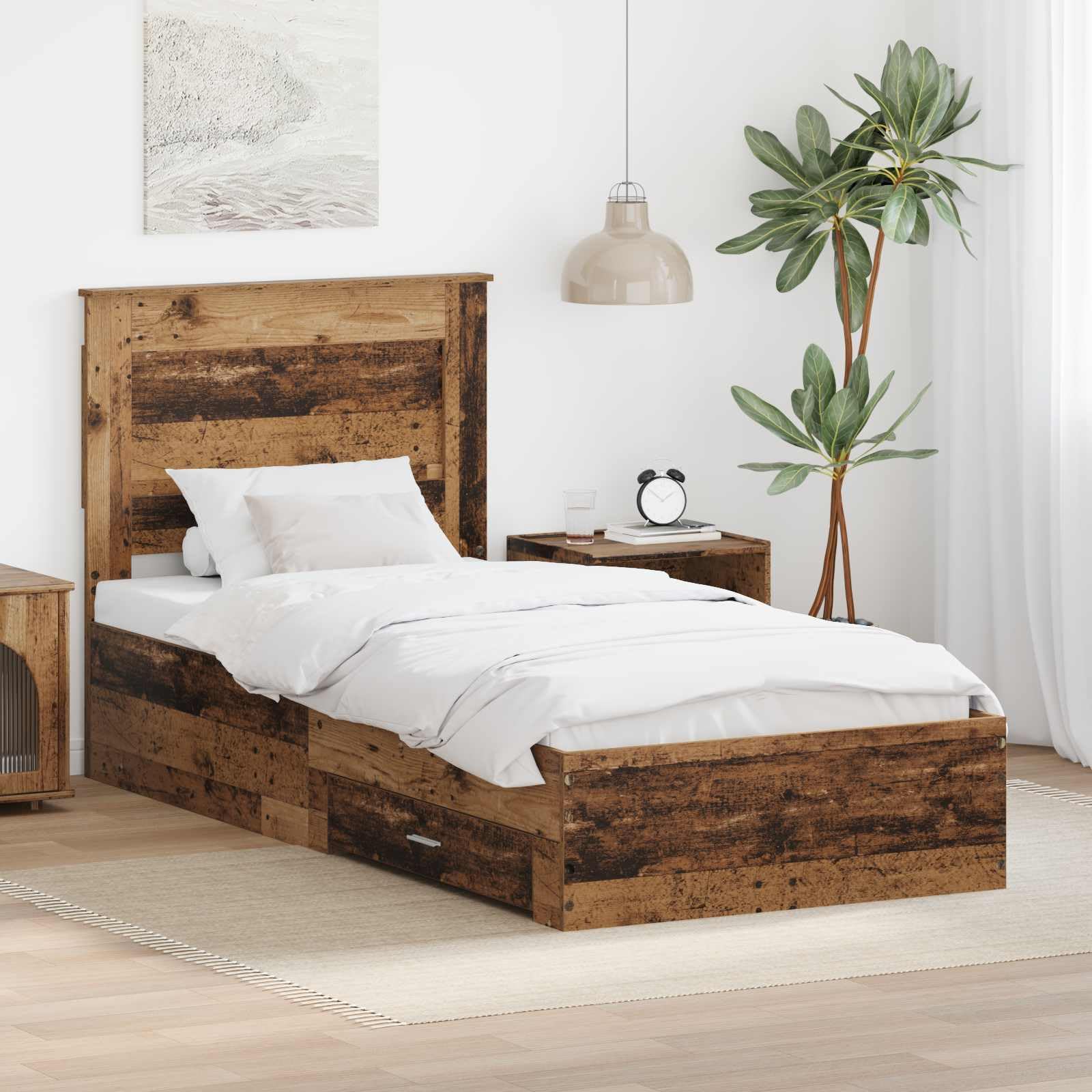 vidaXL Estructura de Cama con cajón con cabecera Madera contrachapada, Diseño de Dormitorio Moderno, soluciones de Almacenamiento, Cama Elegante, área de Descanso útil, Muebles con Estilo