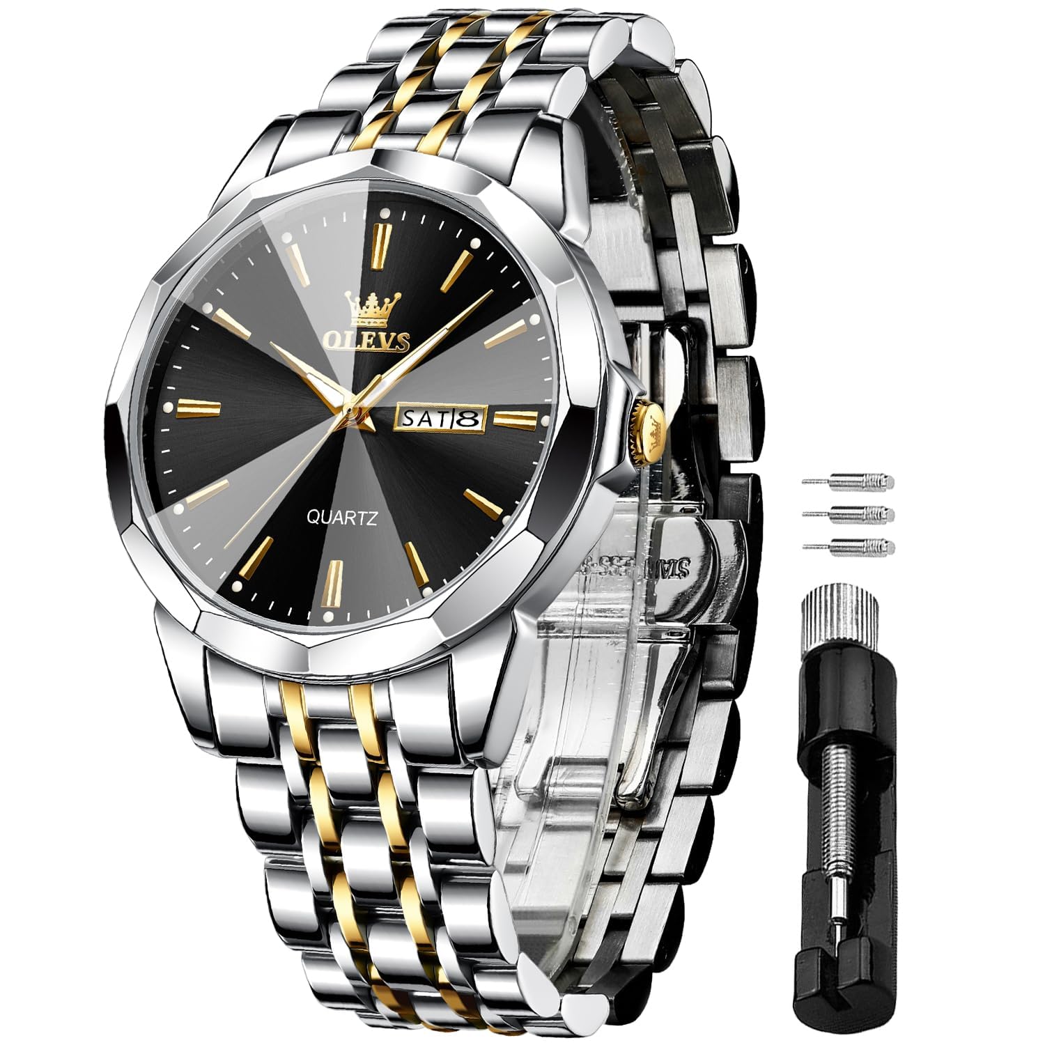 OLEVS Herrenuhren Skelettuhr Quarz Rennwagenrad Edelstahl Casual Sports Wasserdicht Leuchtend Herrenarmbanduhren