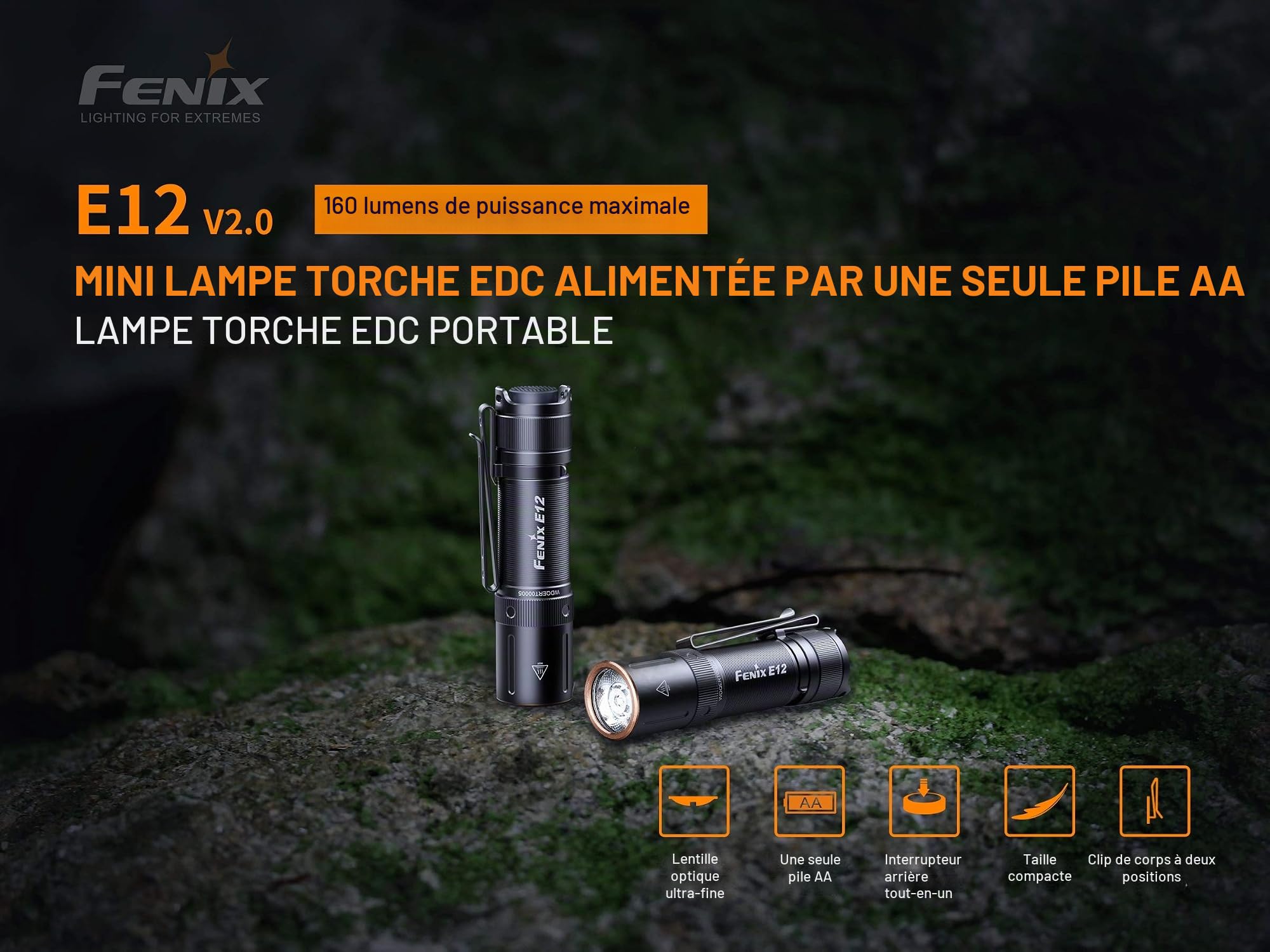 FENIX E12 V2.0 Étanche Lampe de Poche, Noir, 77,6 mm