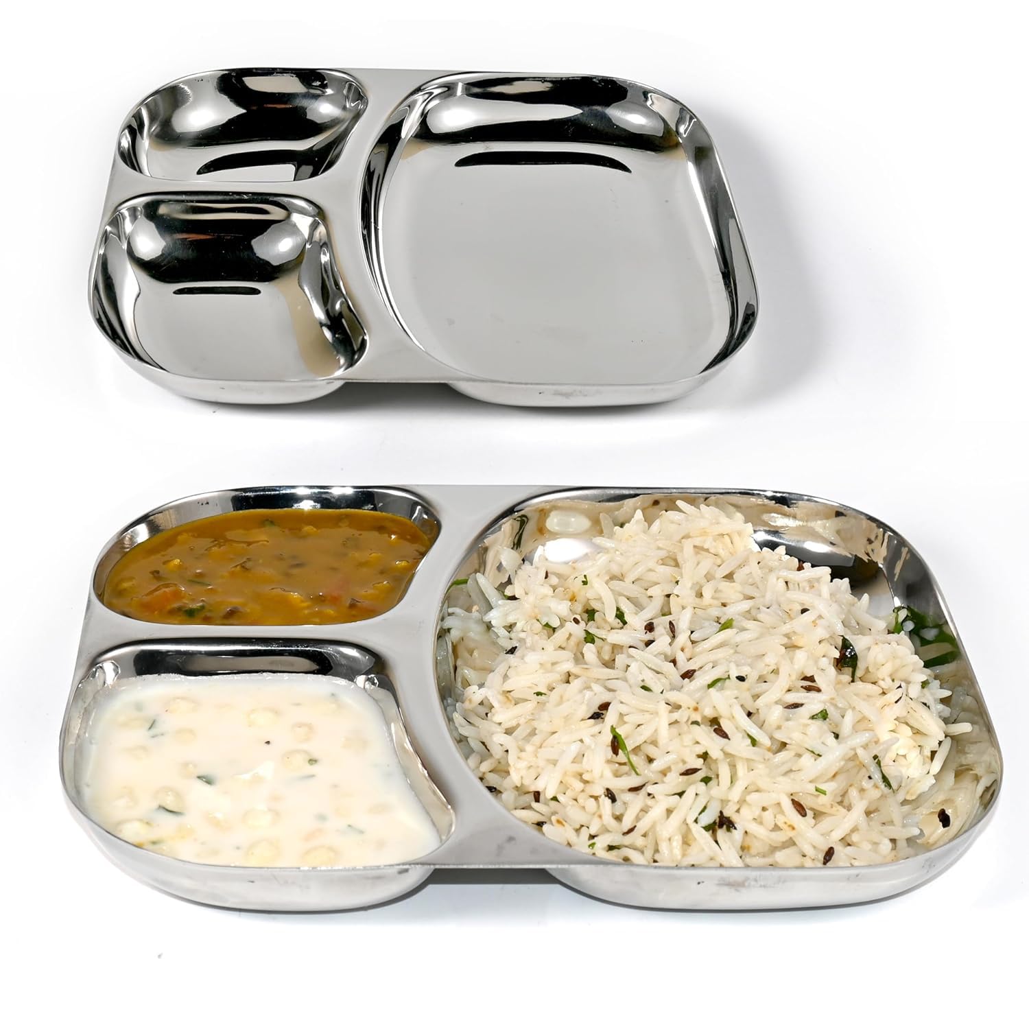RudraEco Mahipal Stainless Steel Mirror Finish Divided Plates - Set of 2 | 3-Compartment Thali for Idli Sambar, Pav Bhaji | Breakfast, Lunch, and Dinner | 3 in 1 Sectioned Mess Trays (B0CYQB7J8J) Amazon Price History, Amazon Price Tracker