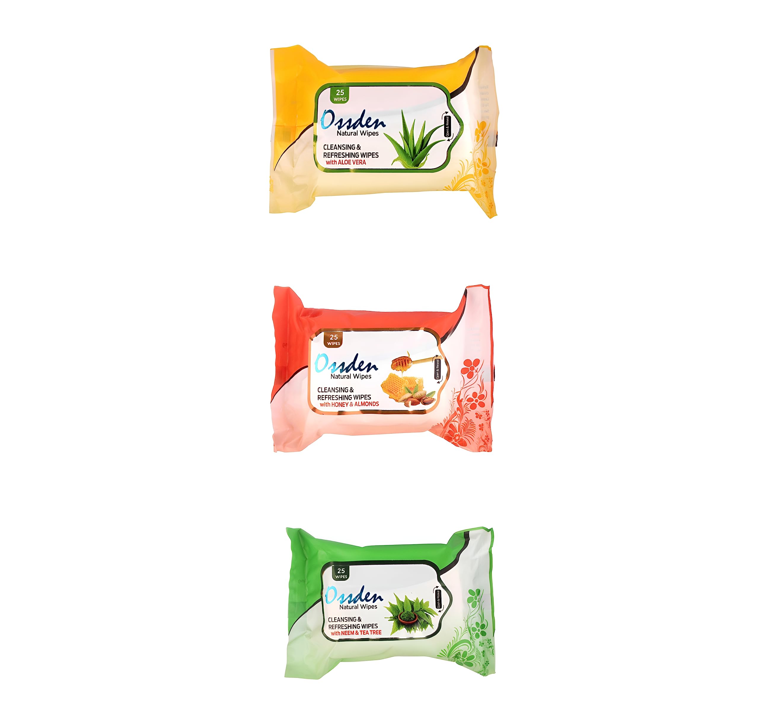 Ossden Wet Wipes Tissues For Cleaning Face Body Multipurpose Daily Cleansing Face Wipes Thick & Soft Makeup Remover Wet Wipes 25 Pcs (Pack Of 3) 75 Wipes (Aloe Vera, Neem& Tea Tree, Honey Almonds)