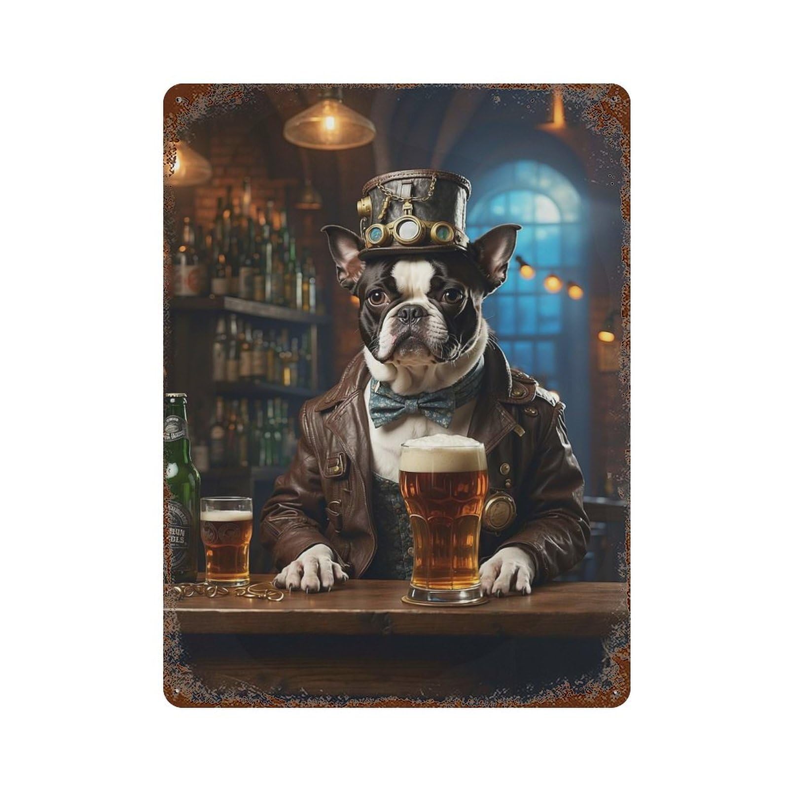 Boston Terrier Beer Dog Aged Metal Wall Plaque 15.7"x11.8", for Living Room, Hallway And Home Decor, Shabby Chic Decor