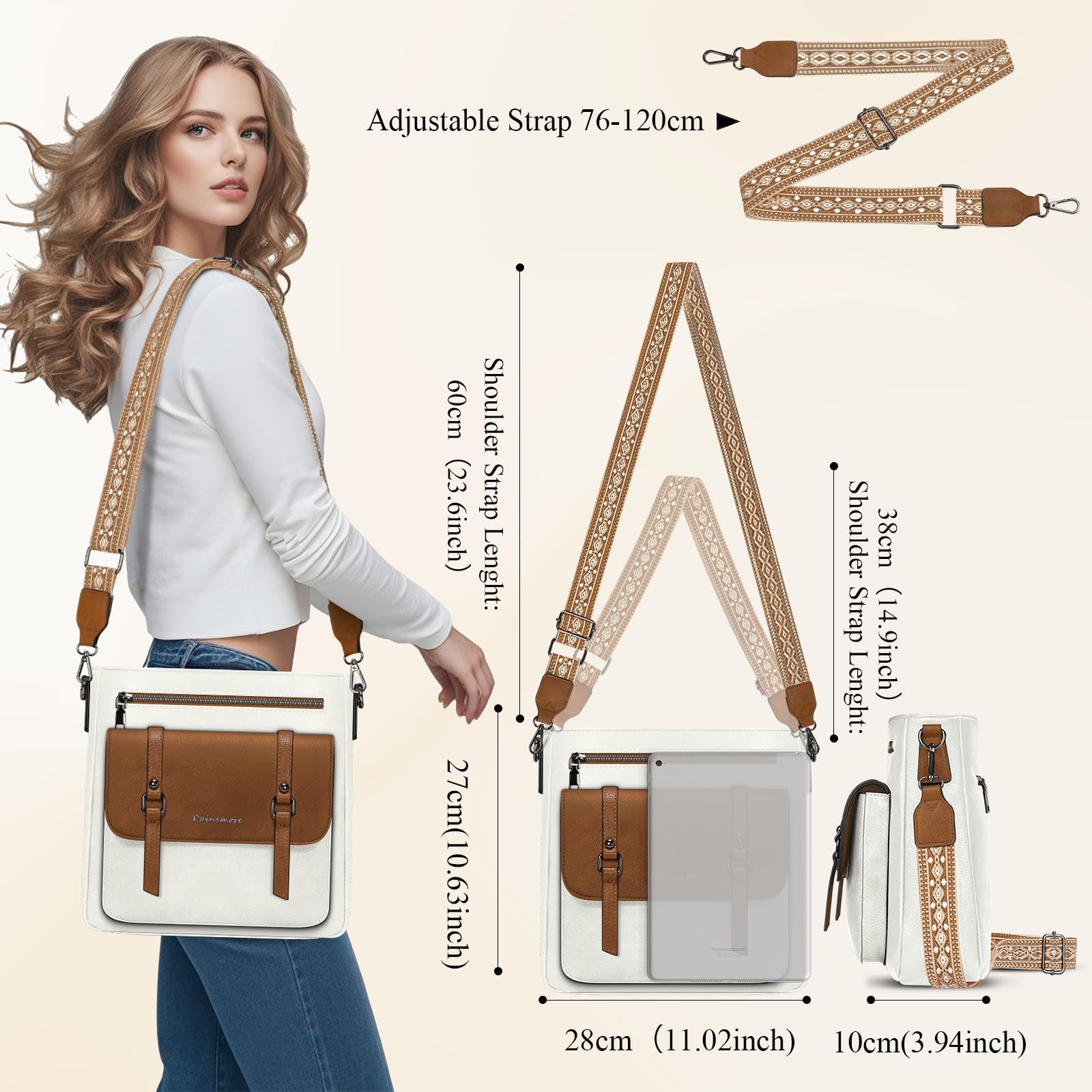 RAINSMORE Bolso Bandolera Mujer Mediano Bolsos de Mujer Bolsos Bandolera Bolso Cruzado de Cuero PU con Correa Ajustable para Viaje Trabajo Compras Blanco y Marrón