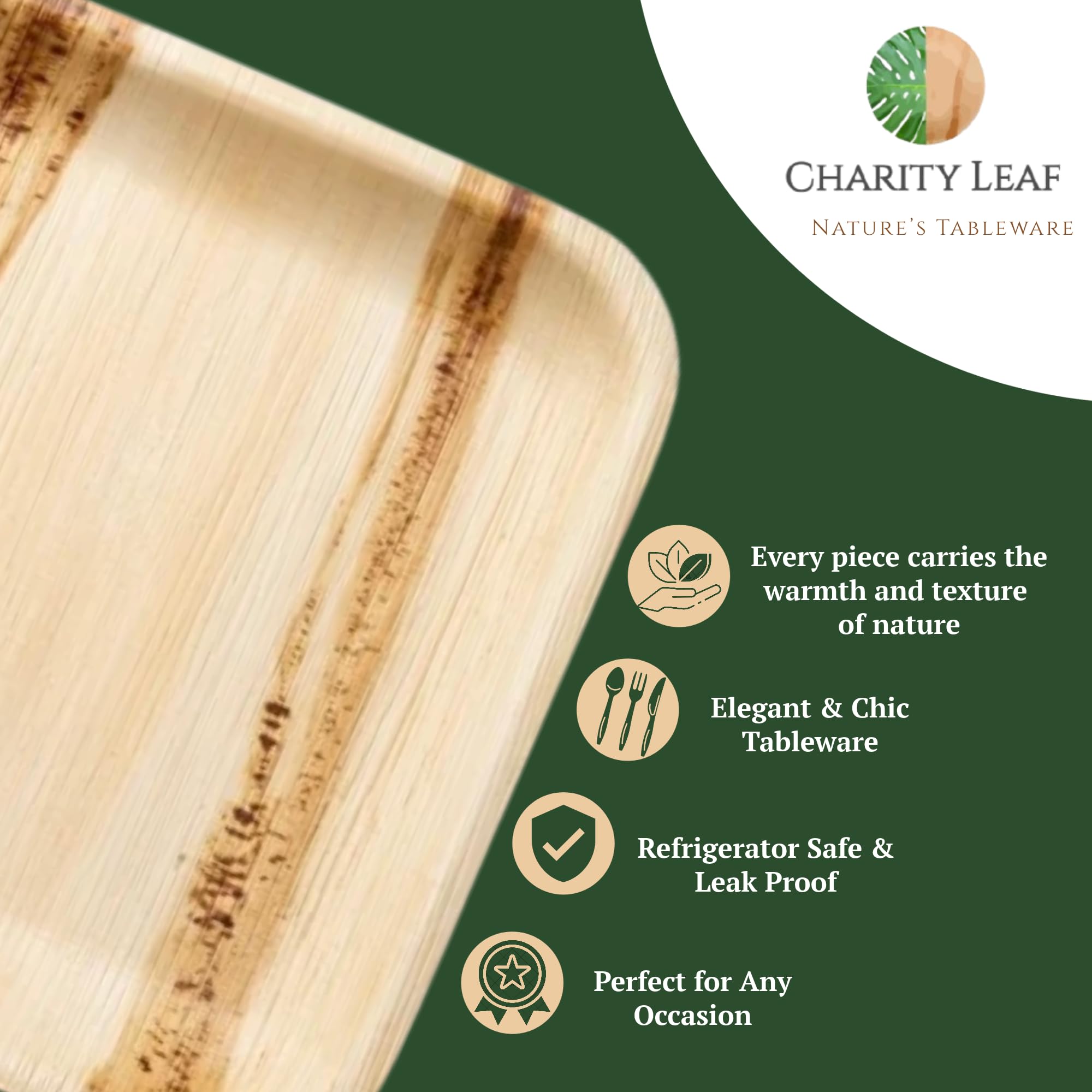 Charity Leaf - Platos desechables de hoja de palma como juego de platos cuadrados de bambú| bodas, tablas de embutidos, barbacoas y fiestas | Platos Cuadrados (50, 4 Cuadrados)
