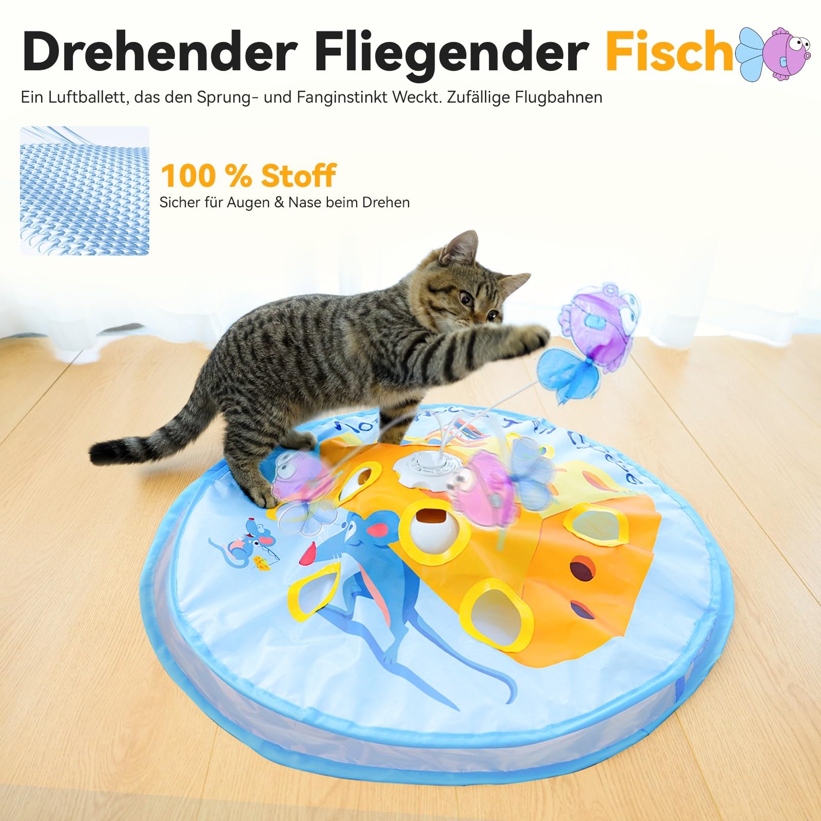 GoldenSun Katzenspielzeug, 5-in-1 Interaktives Katzenspielzeug für Wohnungskatzen, Automatisches Klopfspiel, Fliegender Fisch, Katzenangel und Bewegliche Feder