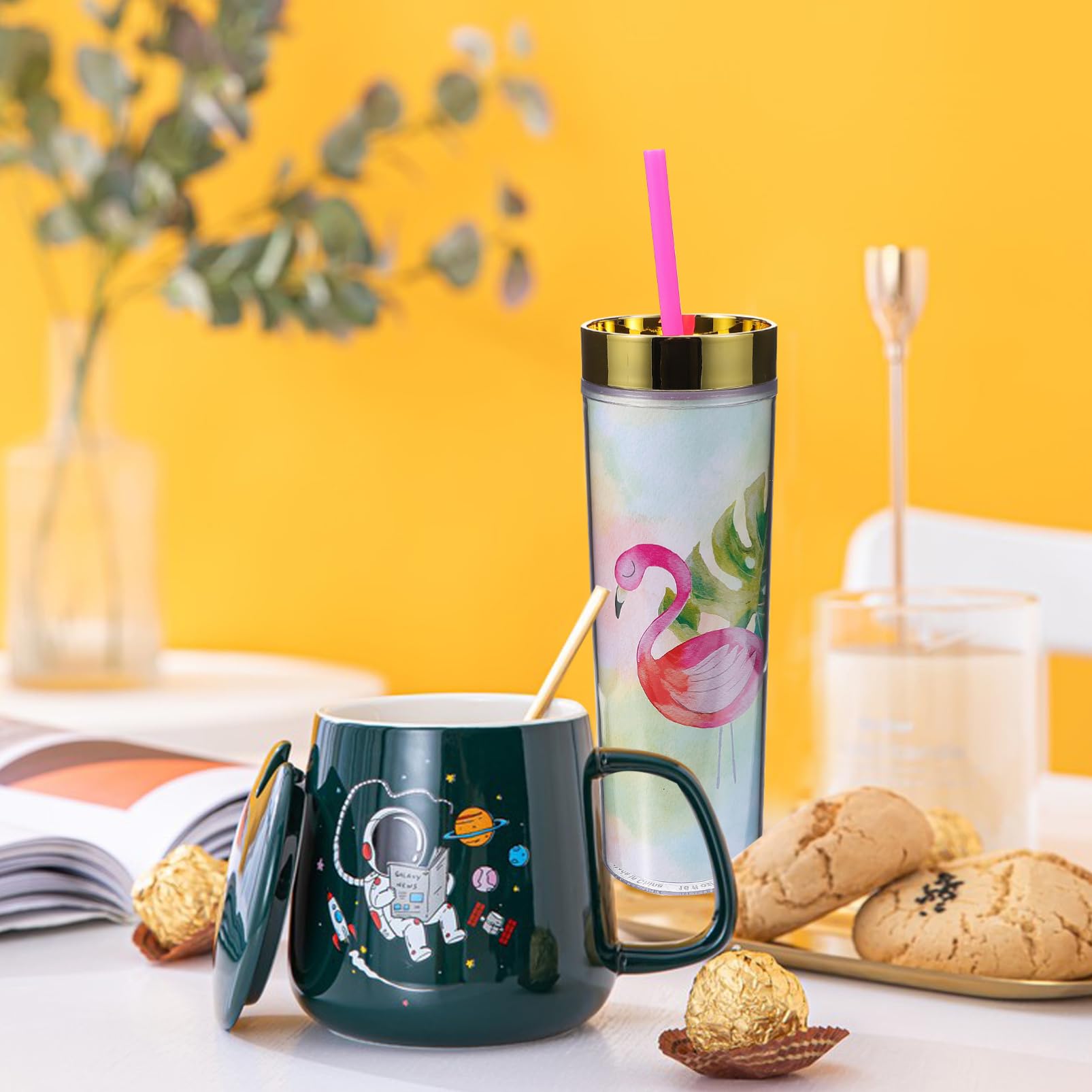 Garneck 2 Glaskannen Mit Strohhalm 500ml - Tragbare Saftbecher Mit Deckel Blau