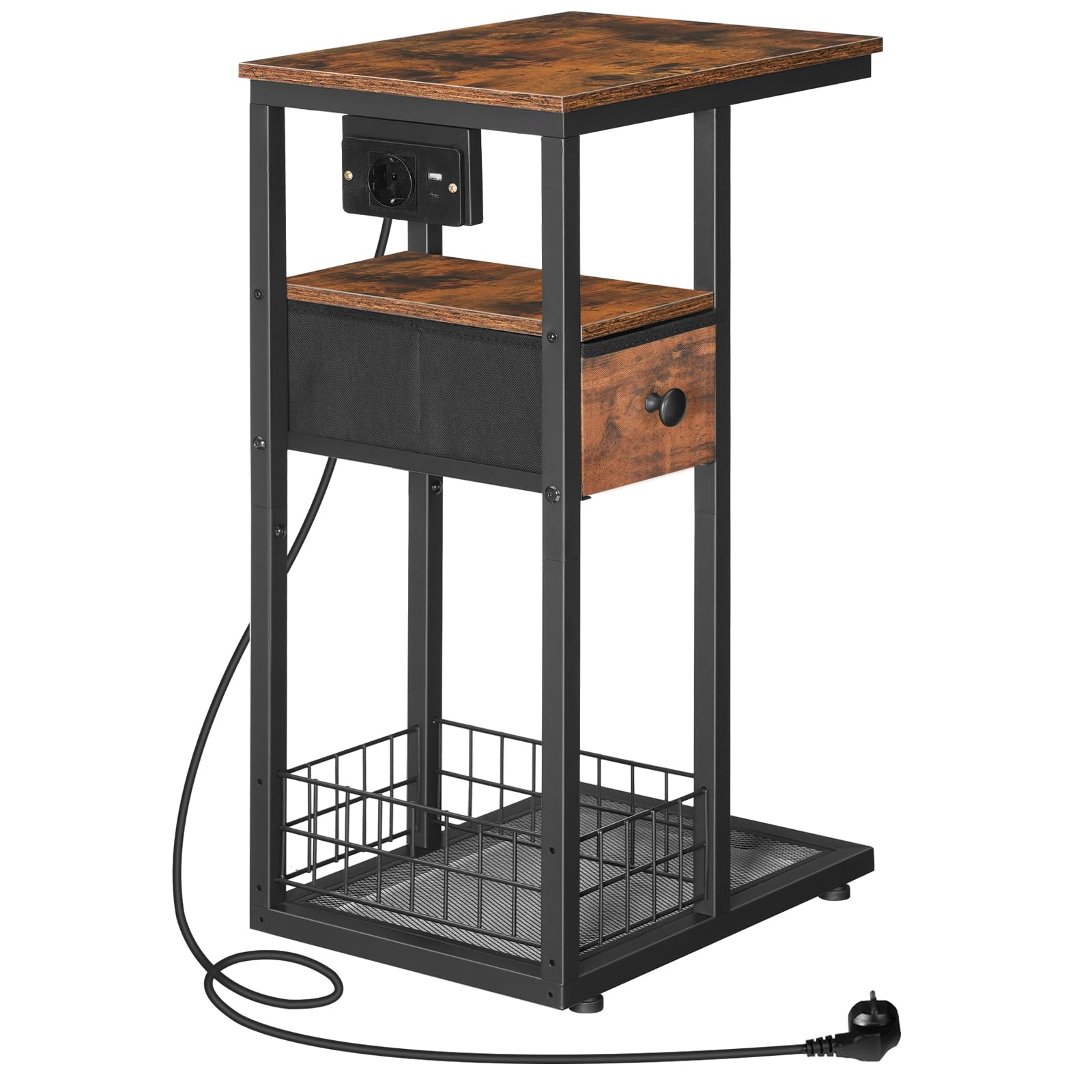 HOOBRO Stół pomocniczy w kształcie litery C z listwą zasilającą (1 AC, 1 USB-A, 1 Type-C) i 1 szufladą, stolik nocny, z 4 kółkami i 4 regulowanymi nogami, do sypialni, salonu, rustykalny brąz i czarny