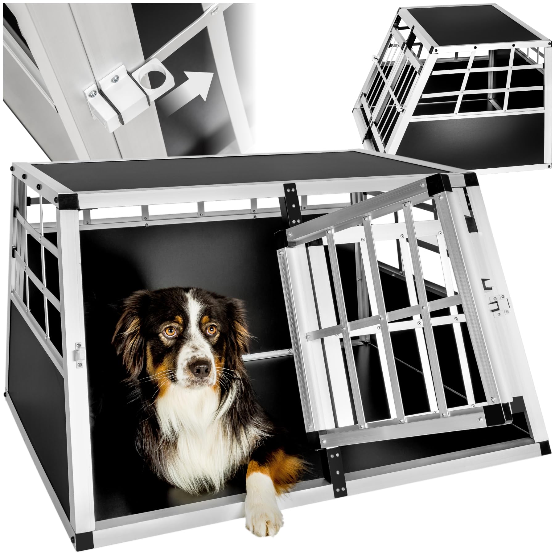tectake® Dog Crate in Robust Aluminium, Durable Dog Cage with Spacious Interior & Lockable Doors, Easy to Assemble & Clean, Dog Travel Crate with Trapezoidal Shape for Cars - 89 x 69 x 50 cm
