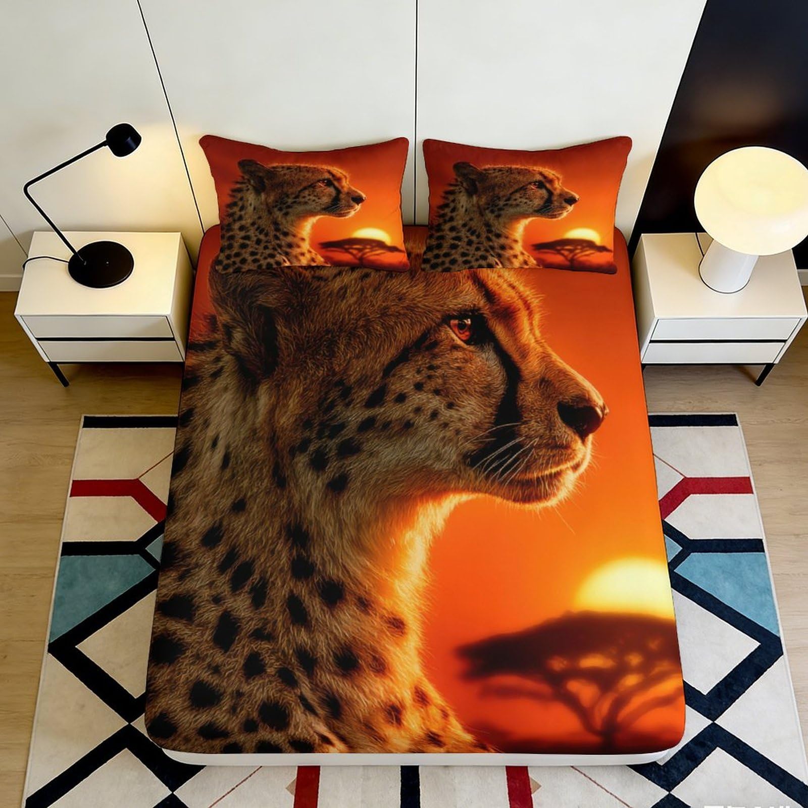 3D Printed Sunset Cheetah Fitted Sheet Microfiber Soft Breathable Savannah Bed Cover for Bedroom Dorm Decor 90x200x25cm