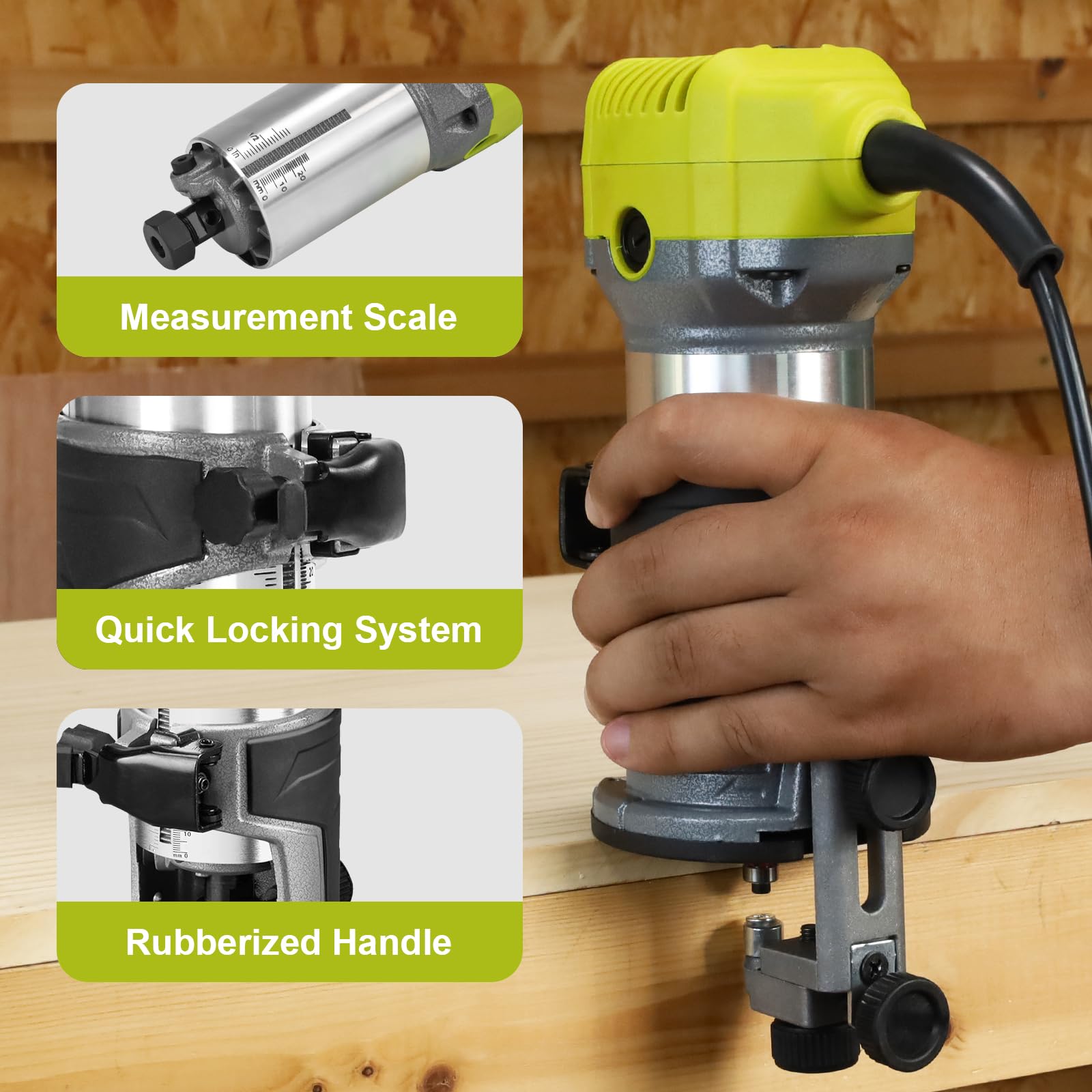 DEWINNER Fresadora para Madera, Juego de Fresadora de Madera Rebajadora Eléctrica 710W 13000-33000RPM, Router Portatile, 6 Velocidades Variables, Con 3 Pinzas (1/4 pulgadas,6mm,8mm) + 12 Brocas