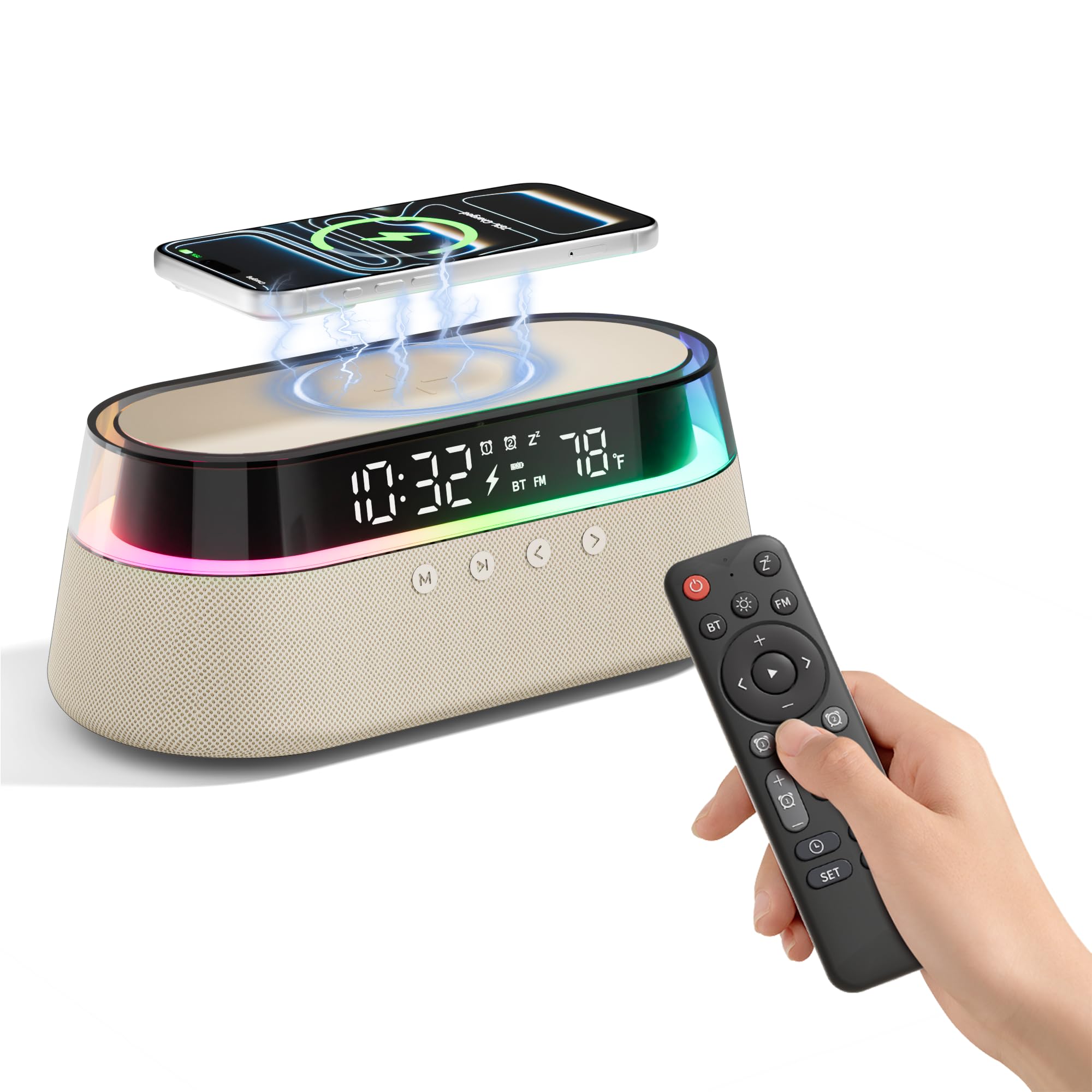 Altoparlante Bluetooth con Sveglia Caricatore Wireless 15W con Telecomando | Doppia Sveglia con Radio, Funzione Snooze e Luce Notturna per la Camera da Letto o l'ufficio Regalo Uomo Donne
