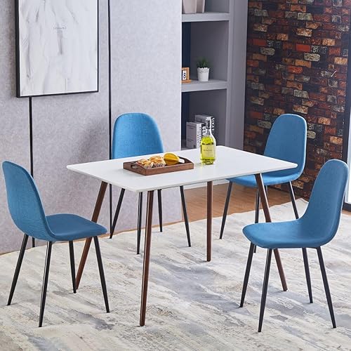 Miniatura 4 de FurnitureR Juego de 4 sillas de comedor de tela para cocina con patas de metal para sala de estar, restaurante, sala de estudio, color azul