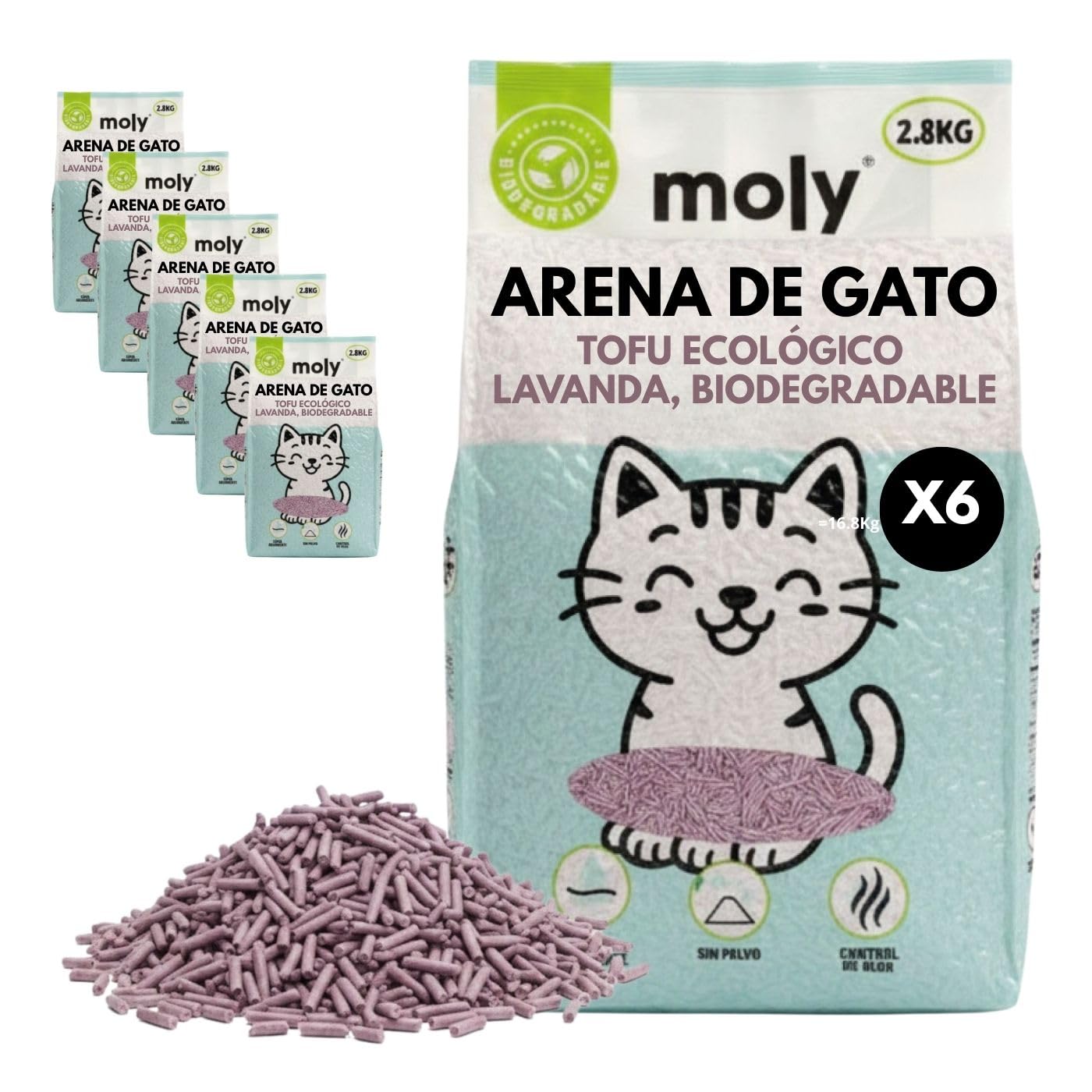 MOLY X6 Litière pour chats tofu et lavande 16,8 kg 22,2 l | Sable biodégradable et agglomérant haute absorption avec arôme de lavande et de talc | Contrôle total des odeurs | Sans poussière | Litière