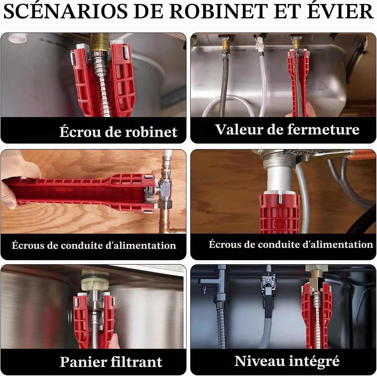 Clé de robinet 8 en 1, clé robinet salle bain 8 en 1, Clé outillage plomberie, 34 mm, 40 mm, Outil multifonction pour installation de robinet - Pour lavabo, salle de bain, cuisine